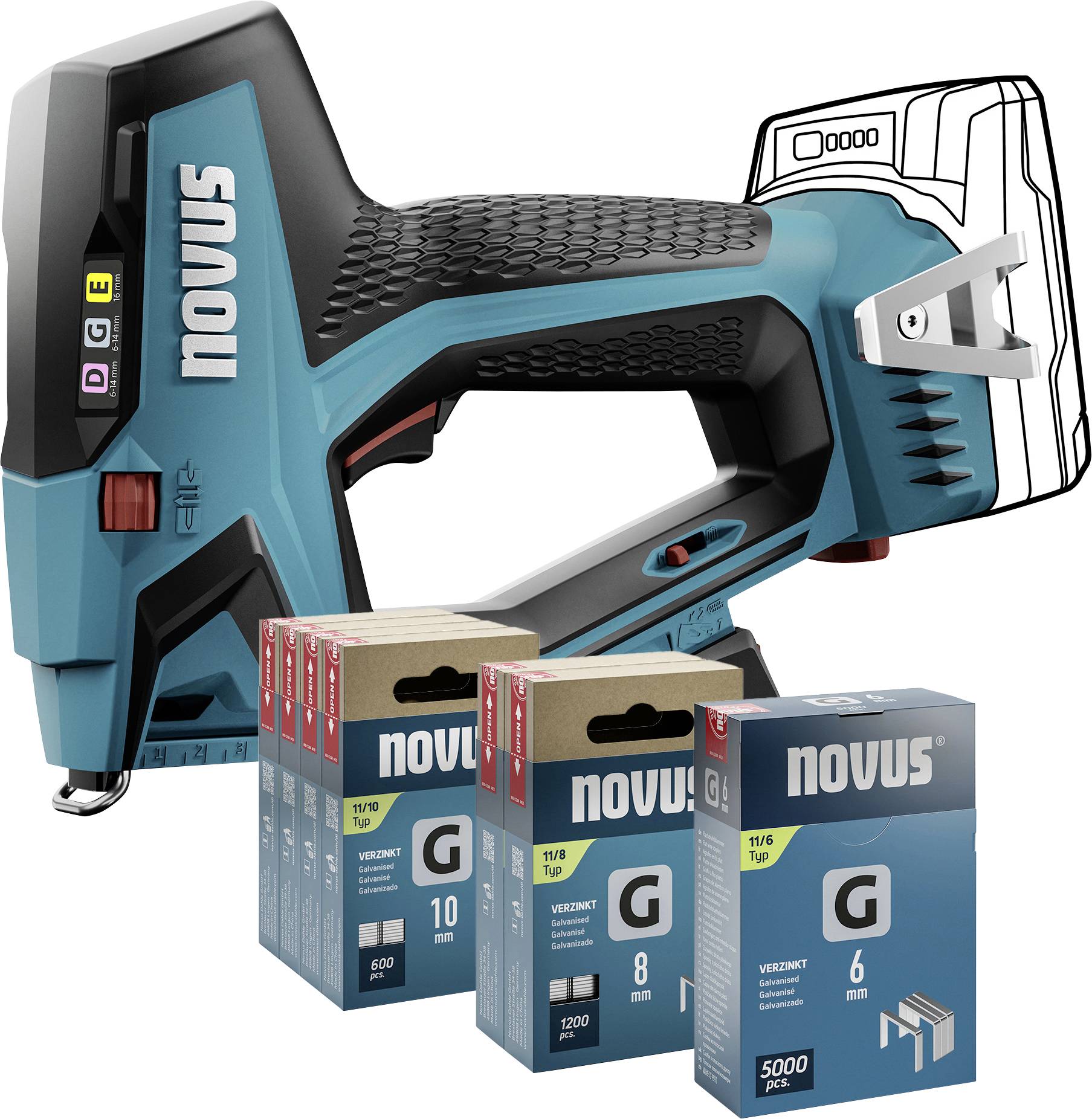 Novus electric stapler with three boxes of staples in different sizes in the foreground.