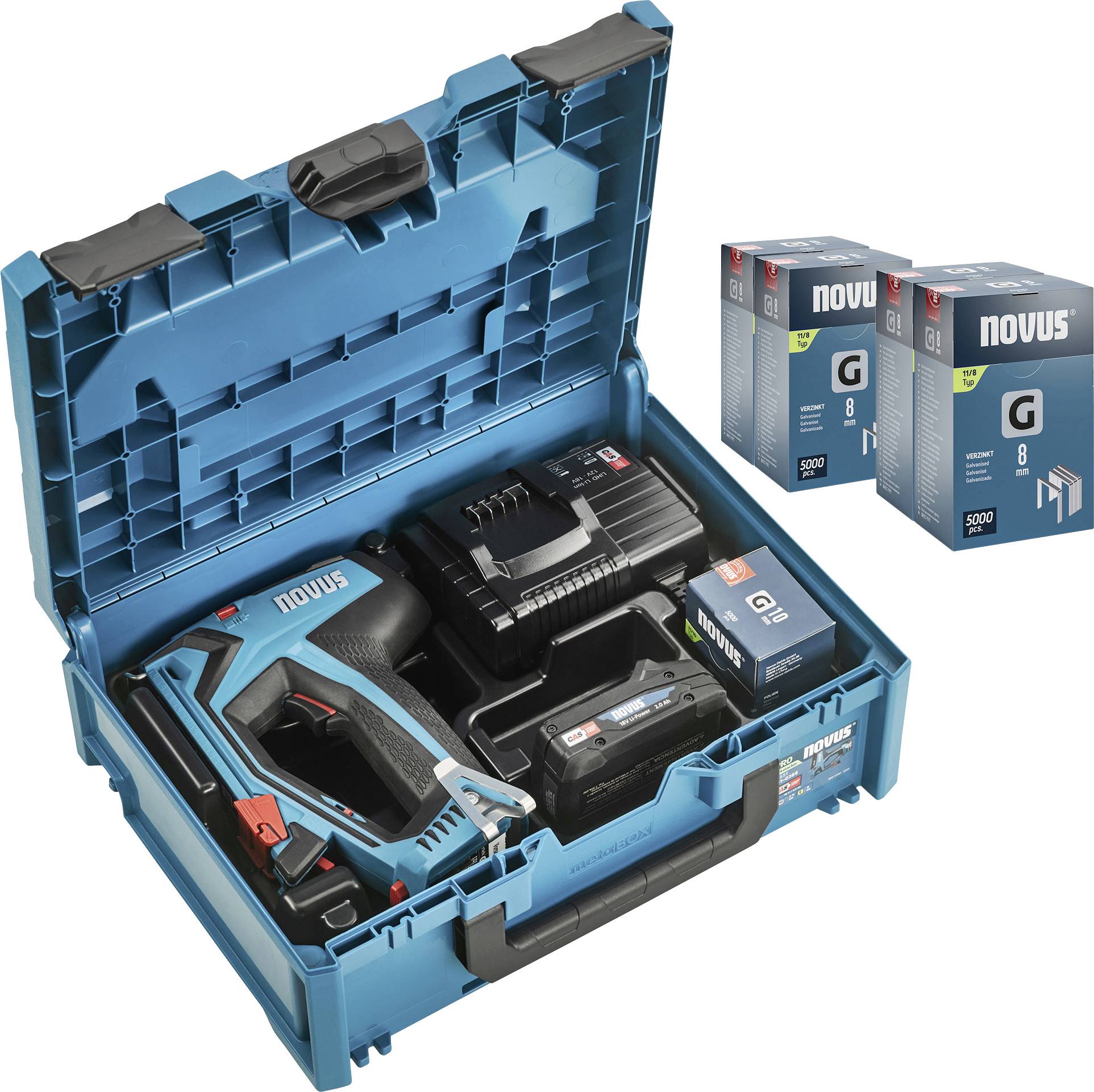 An open toolbox with an electric staple gun and accessories. Next to it are two boxes of staples.