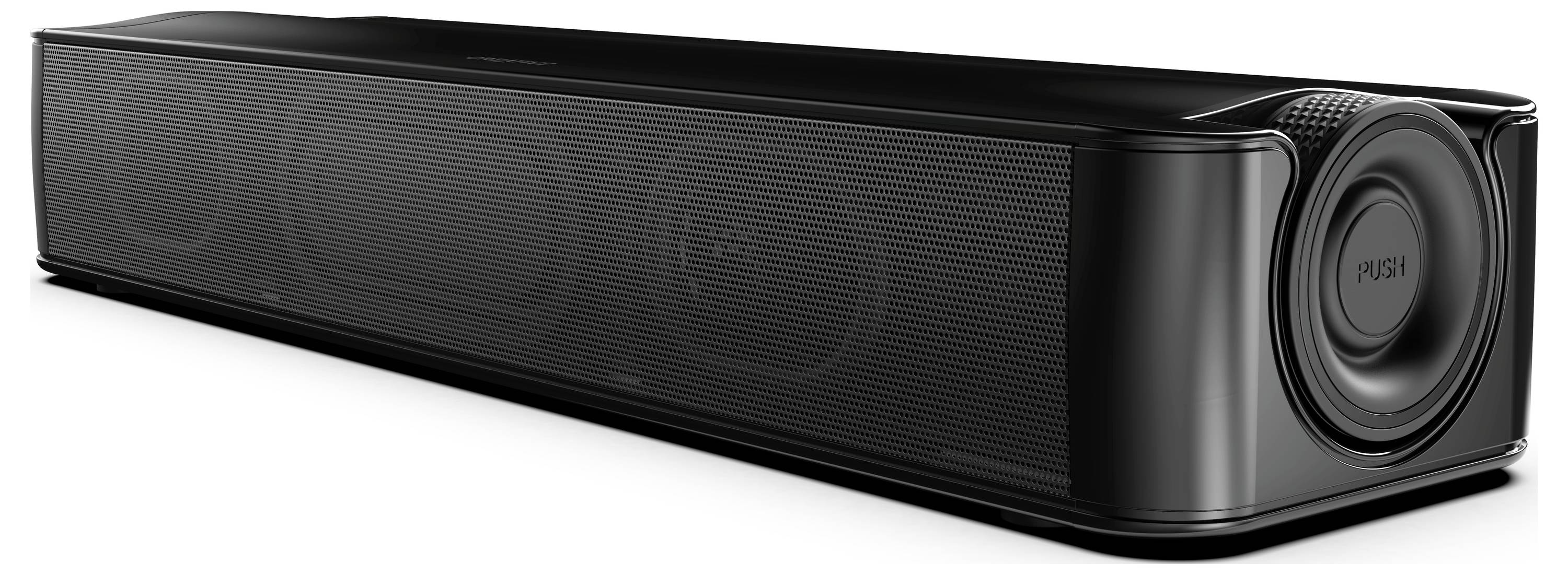 Black soundbar with modern design and rounded corners. It features a visible subwoofer on the right side.