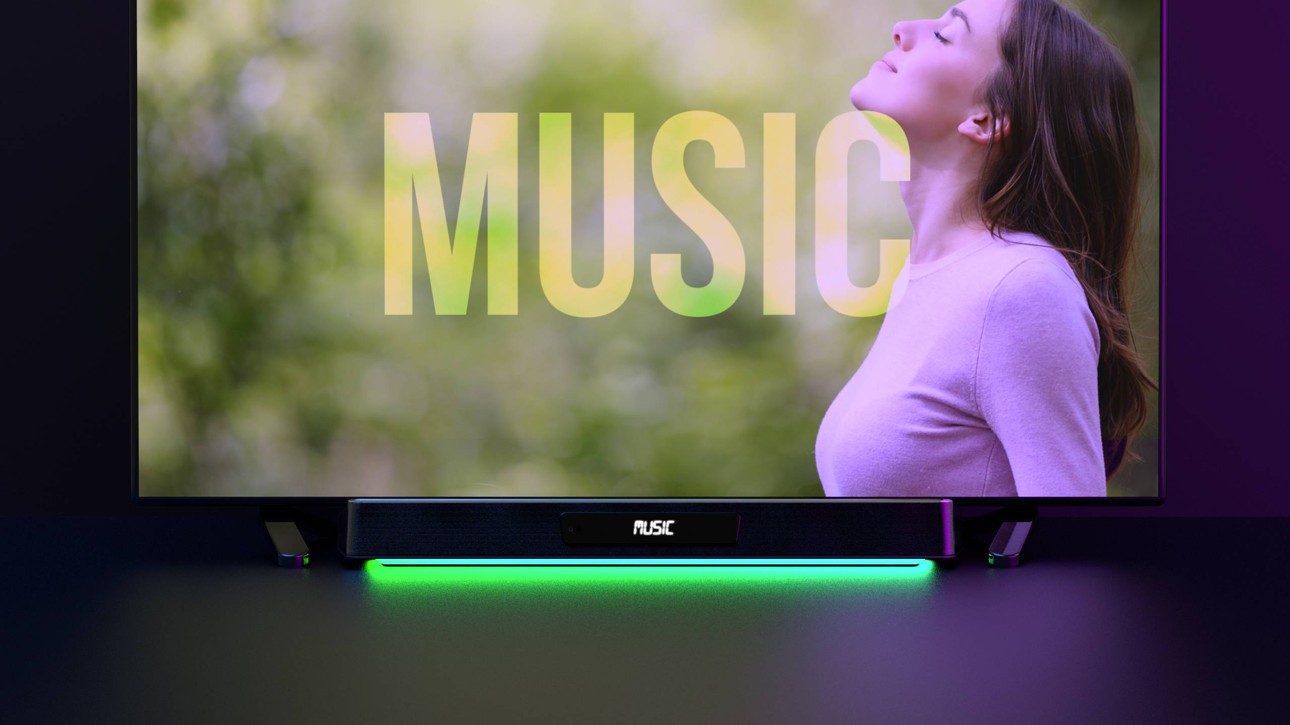A woman enjoys music, with the text 'MUSIC' appearing before her. The background shows blurred, green nature.