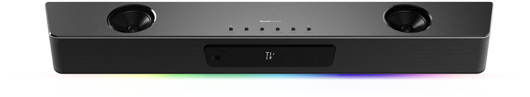 Black soundbar with illuminated RGB strip underneath, two speakers on the sides and control buttons in the centre.