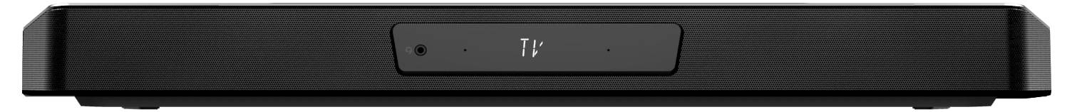 Black compact soundbar, front view with minimalist design and central control button.