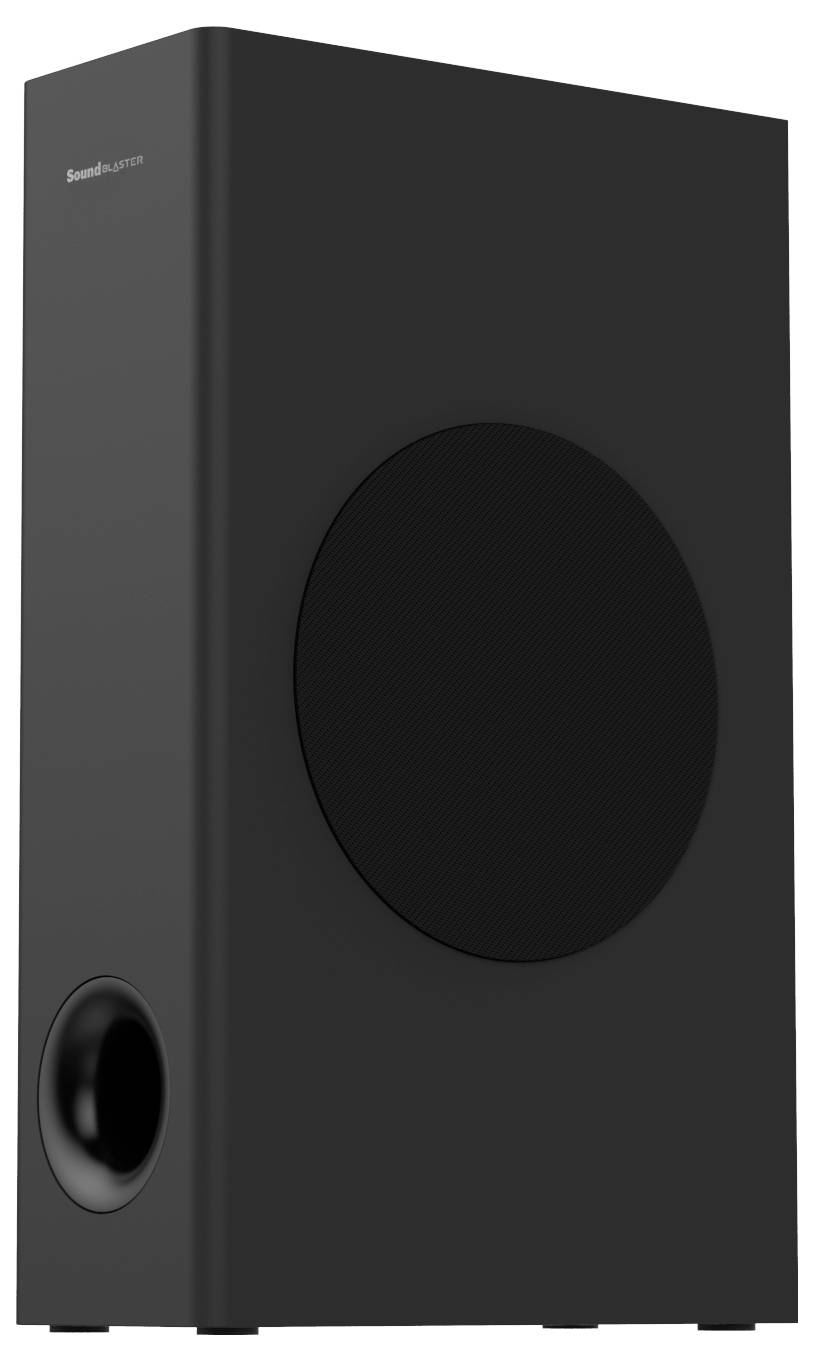 Black speaker with a round subwoofer on the side, suitable for home cinema systems or music systems. Clear, modern style.