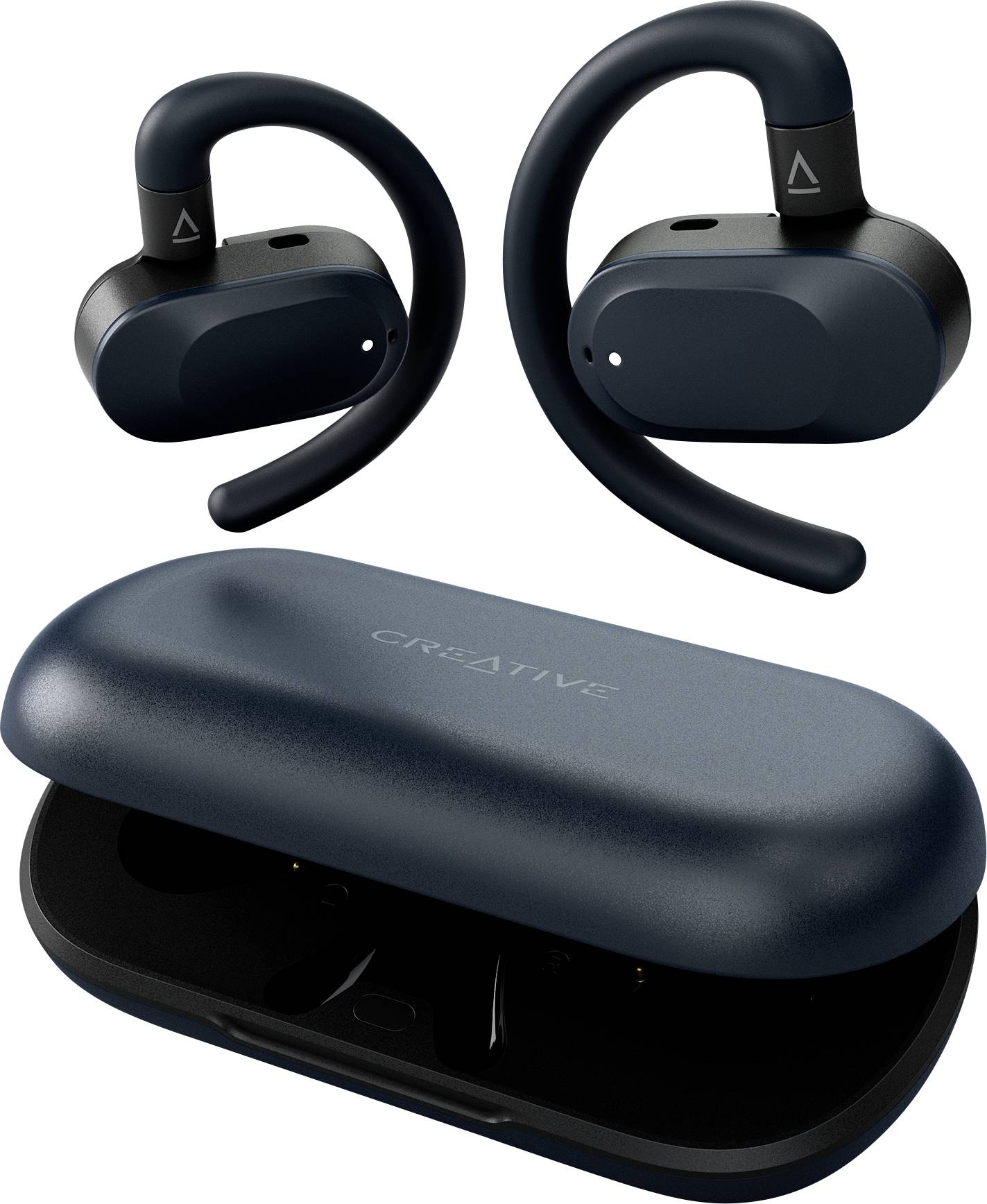 Wireless earbuds with over-ear hooks in navy blue, presented with a matching charging case.