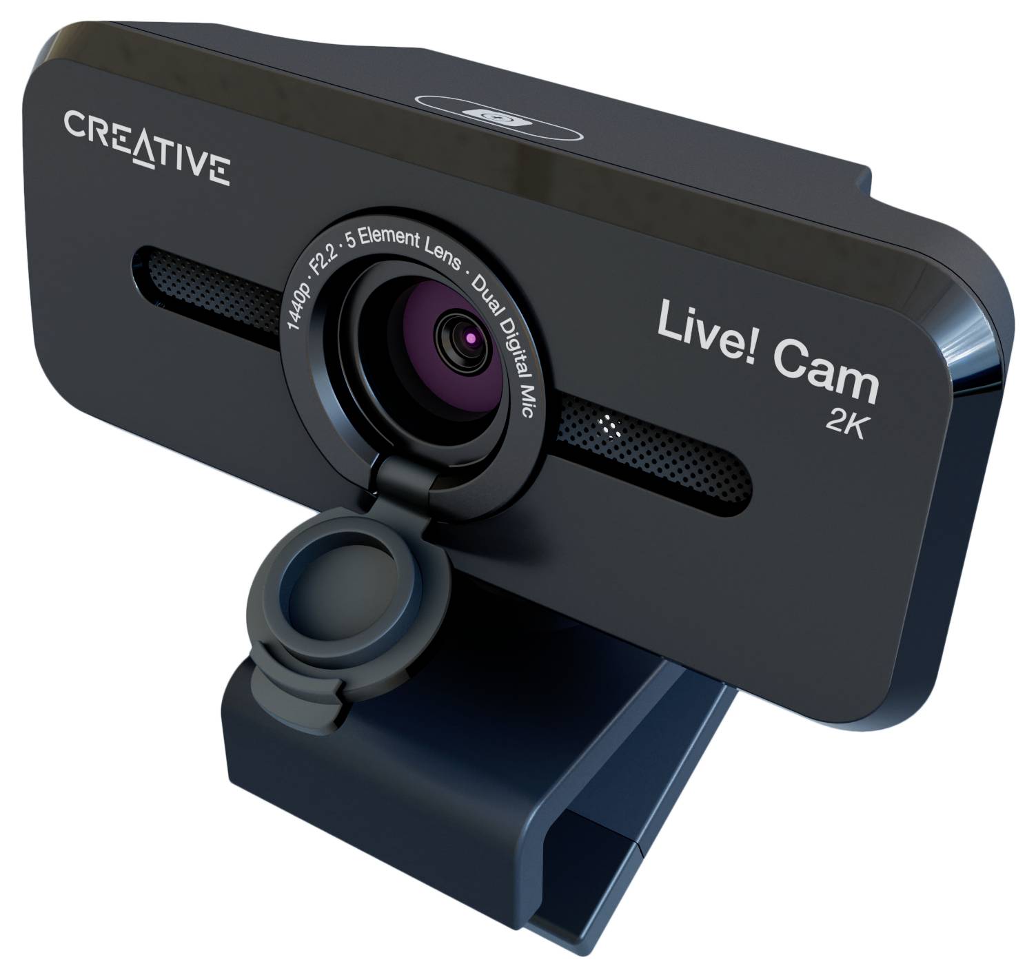 Black webcam with the inscription 'Live! Cam 2K' and 'CREATIVE', featuring a dual digital microphone and a 2.5-element lens.