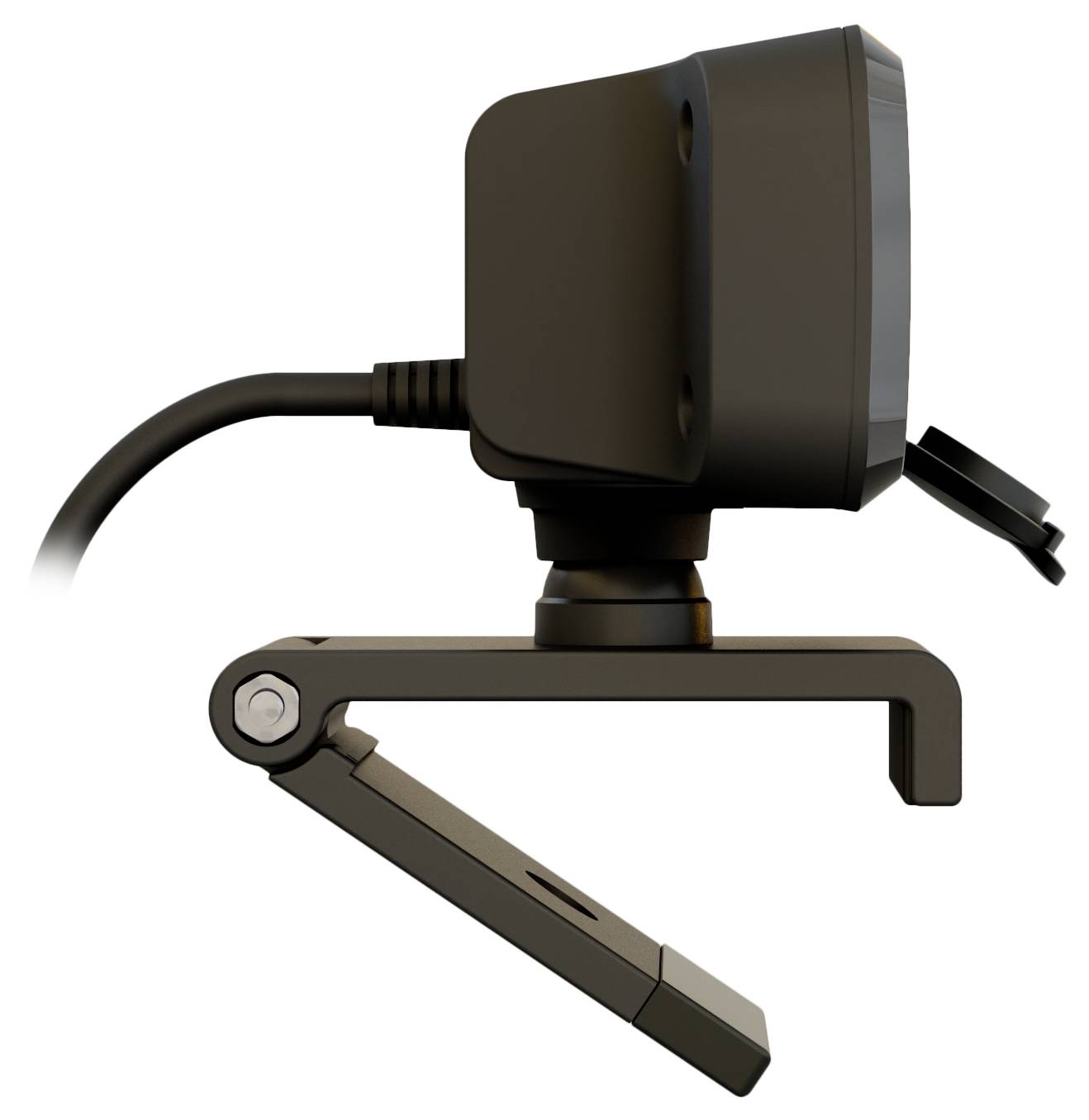 Webcam viewed from the side with a black housing and adjustable stand. Cable connected for power supply.