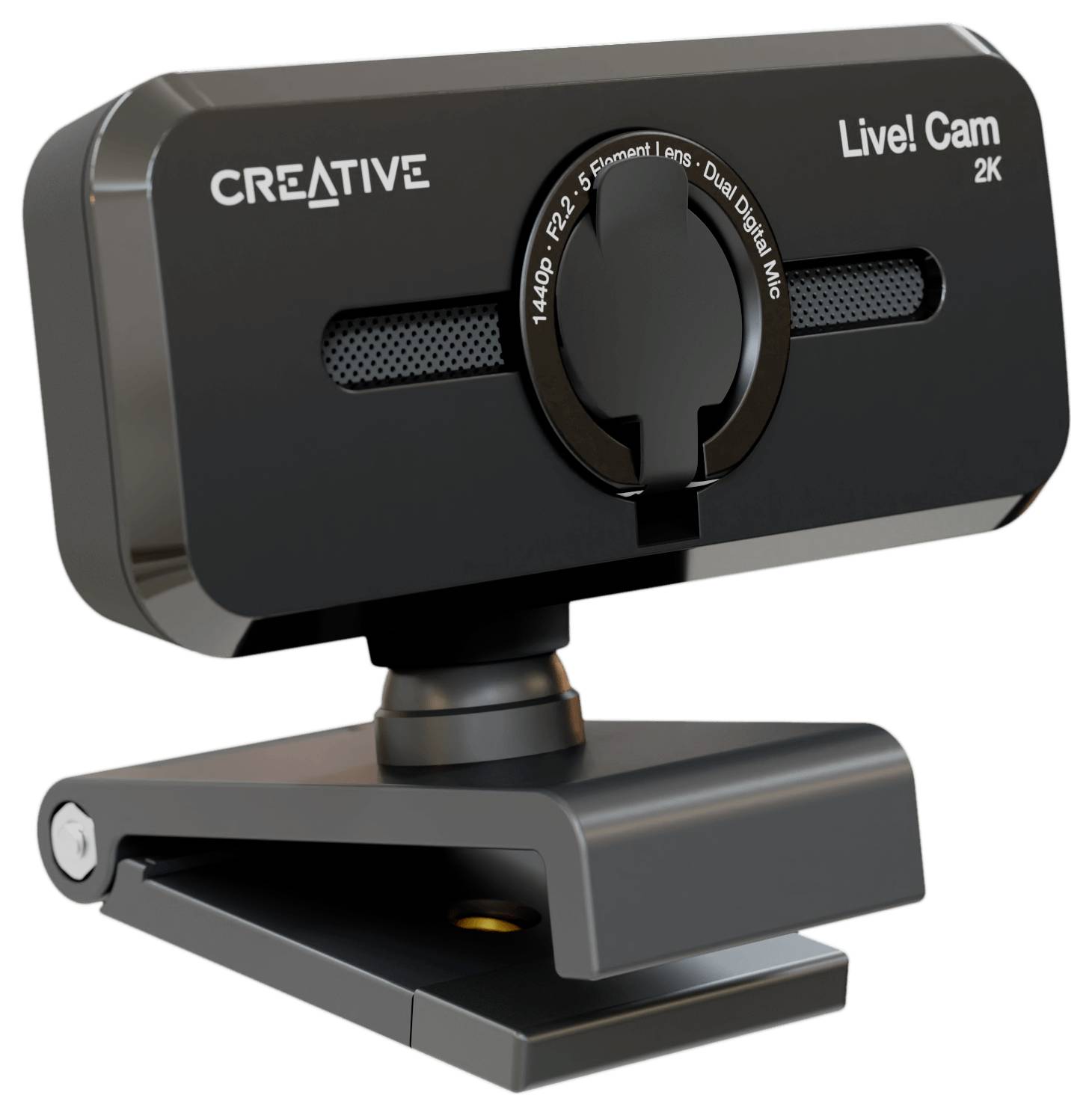 A black webcam with the label 'Creative Live! Cam 2K'. It has an adjustable joint and is designed for high-resolution videos.