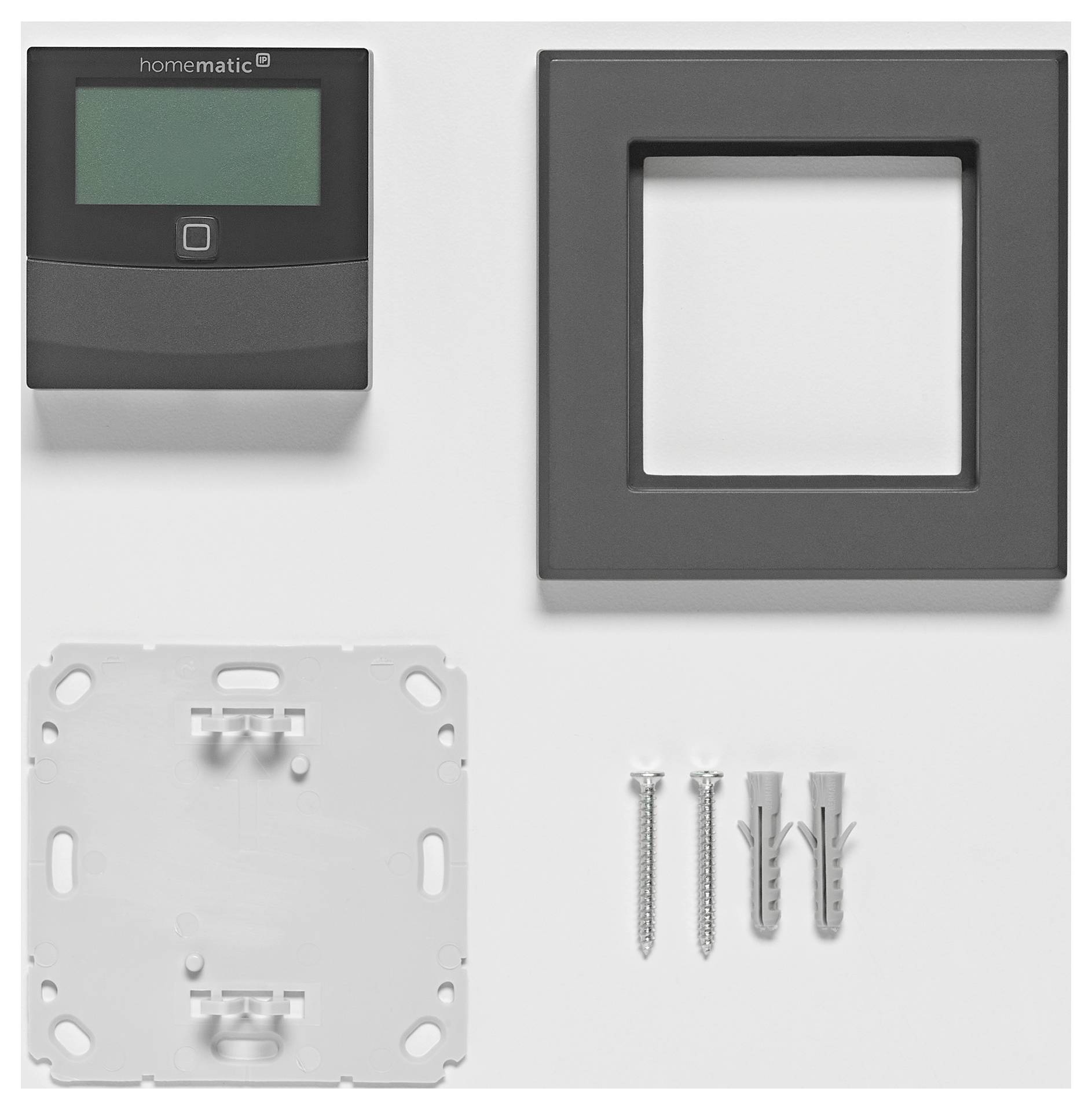 A black square frame set for a smart home device with display, mounting plate, two screws, and two wall plugs on a white background.