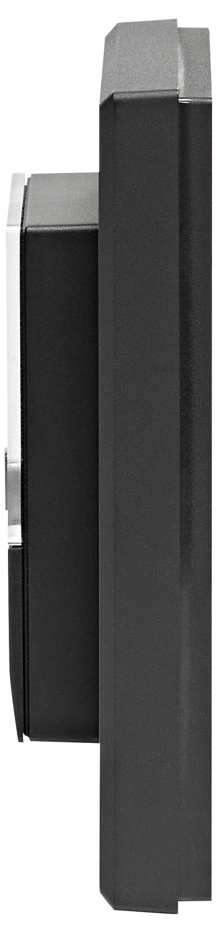 Black, rectangular, flat object with a slim profile and a vertical slot on the left side, possibly an electronic device.