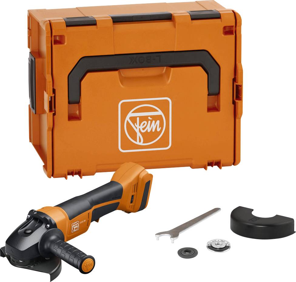 An orange, cordless angle grinder with accessories next to a matching portable tool case, ideal for DIY projects.