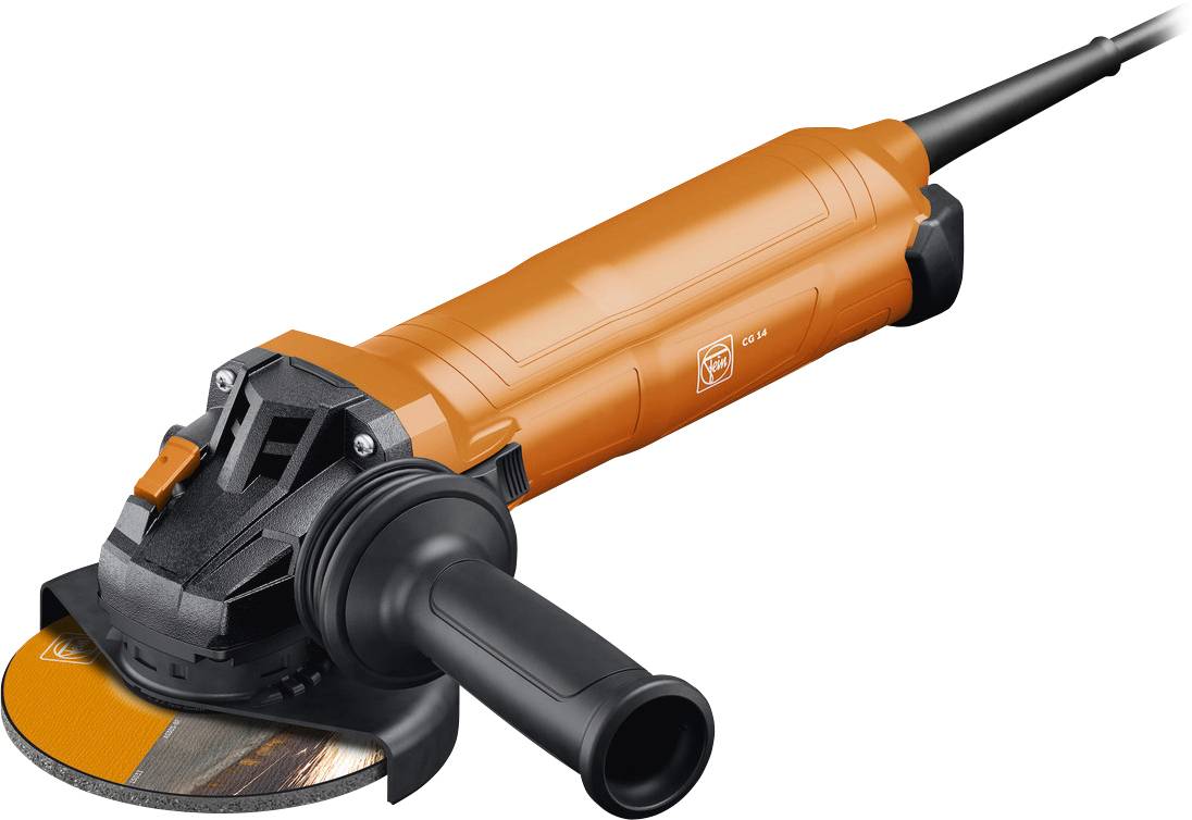 An orange angle grinder with a side handle and attached cutting disc, shown against a neutral background.