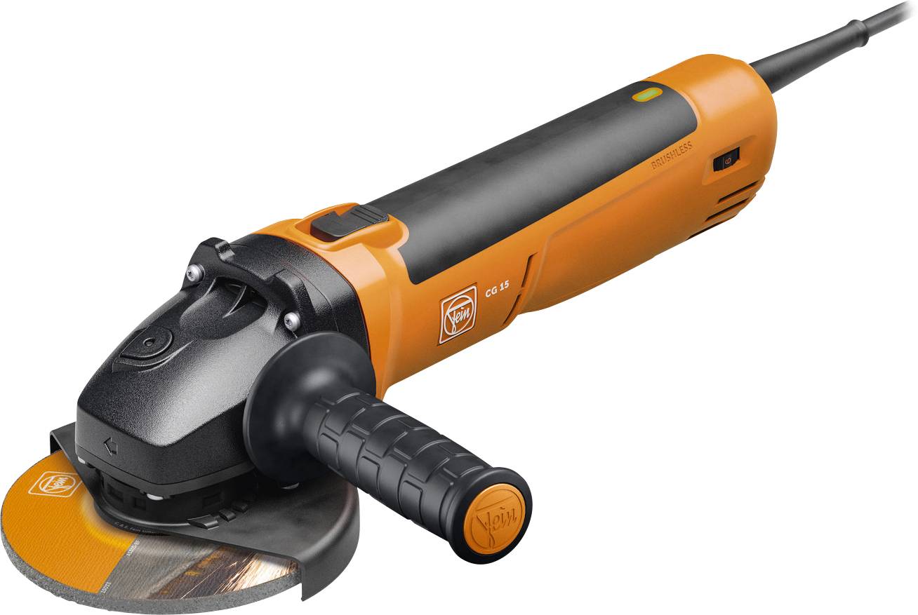An orange and black angle grinder with a handle and power cable, side view.
