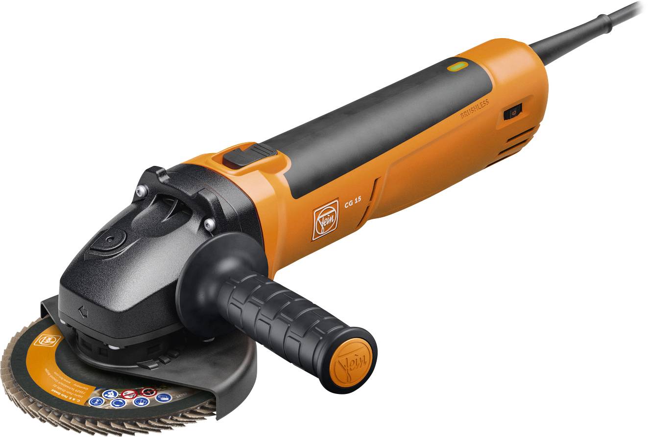 An orange and black angle grinder with a side handle and rotating cutting disc, suitable for metallic surface processing.