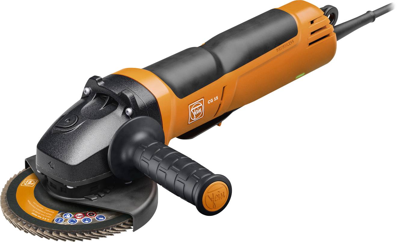 An orange and black angle grinder with a circular grinding disc, suitable for construction or DIY activities.