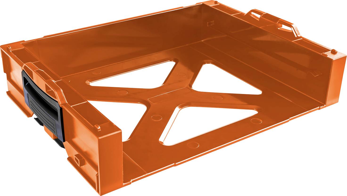 An orange plastic basket with a handle, suitable for storage or transportation of items.