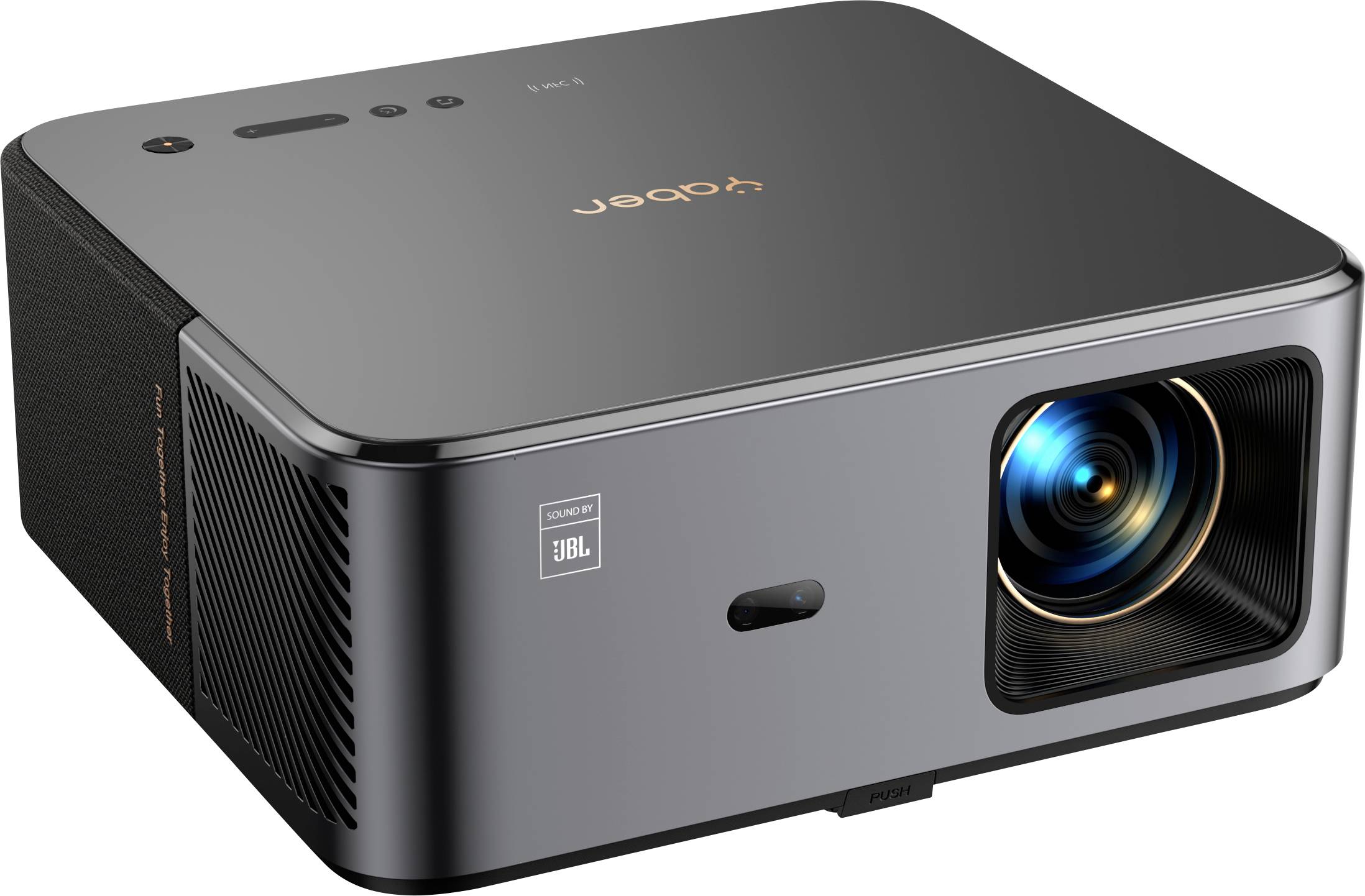 A modern black projector with visible JBL logo and illuminated lens, suitable for home cinema or presentation purposes.
