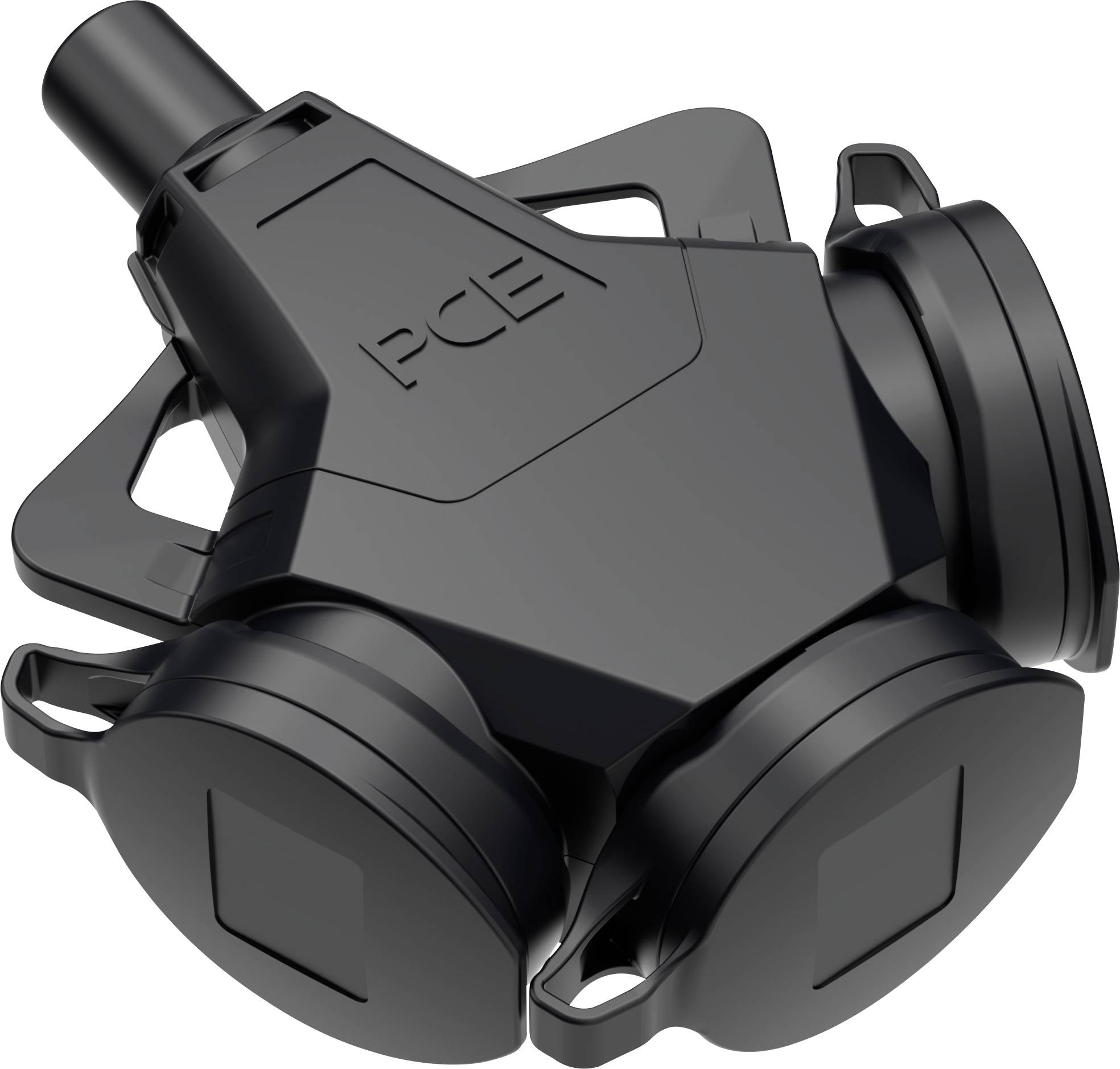 A black, triple socket adaptor by PCE with an angled design and protective covers for the connections.