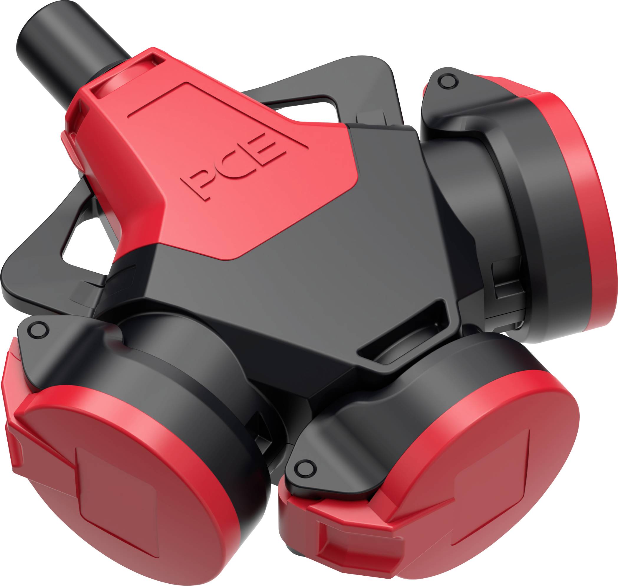 Red and black mechanical adapter with multiple connections, designed for industrial applications.