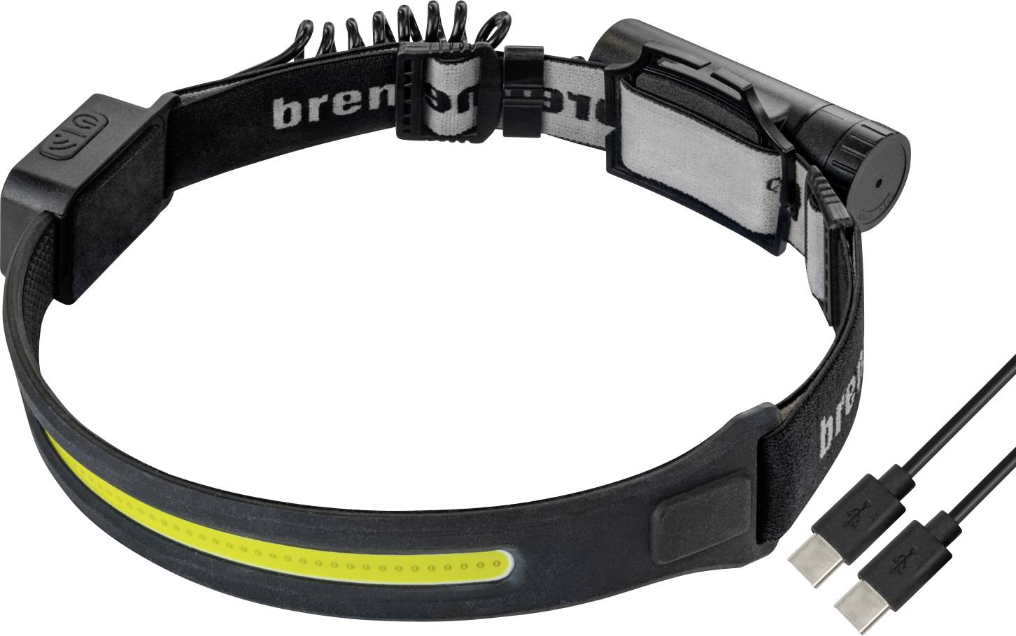 Black adjustable LED headlamp with elastic strap and USB charging cable, shown front view on white background.
