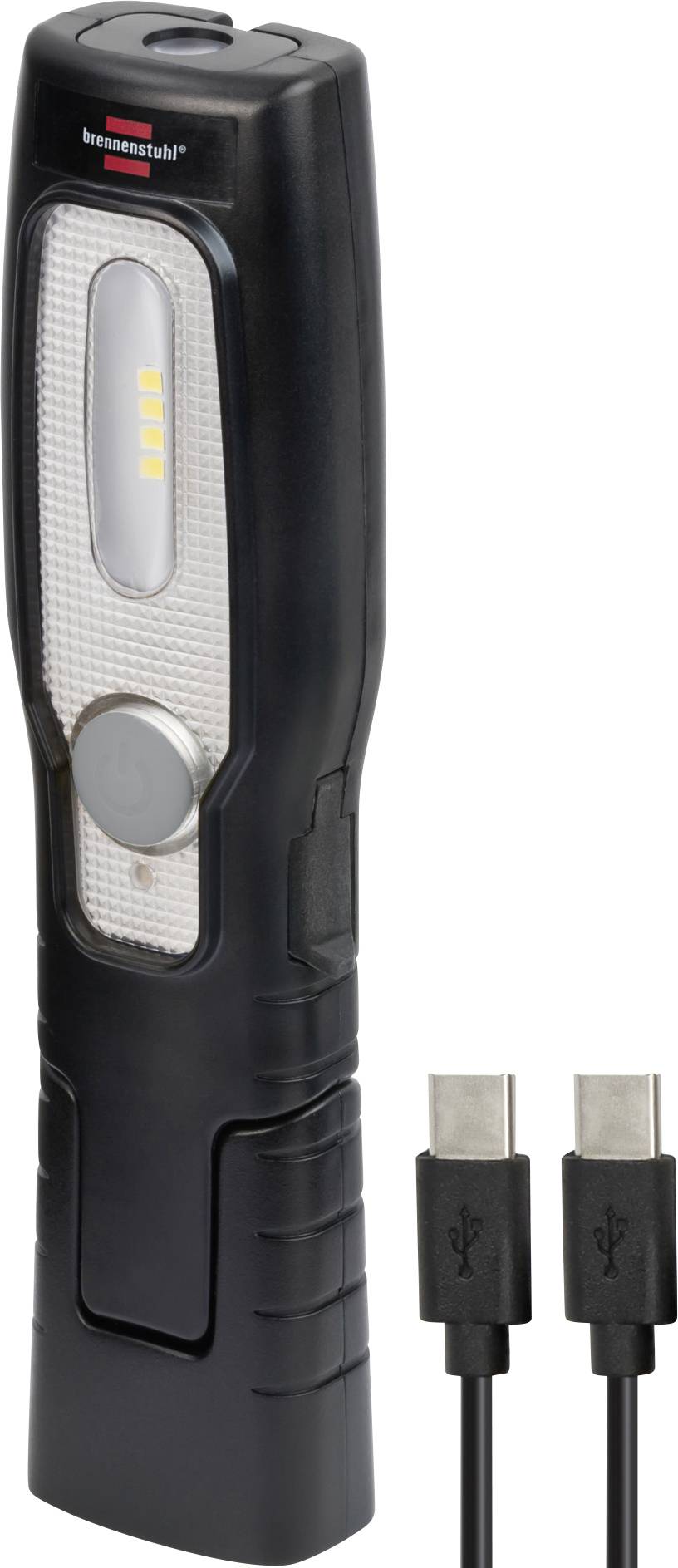 Black rechargeable LED work light with built-in USB charging cable attached at the base.