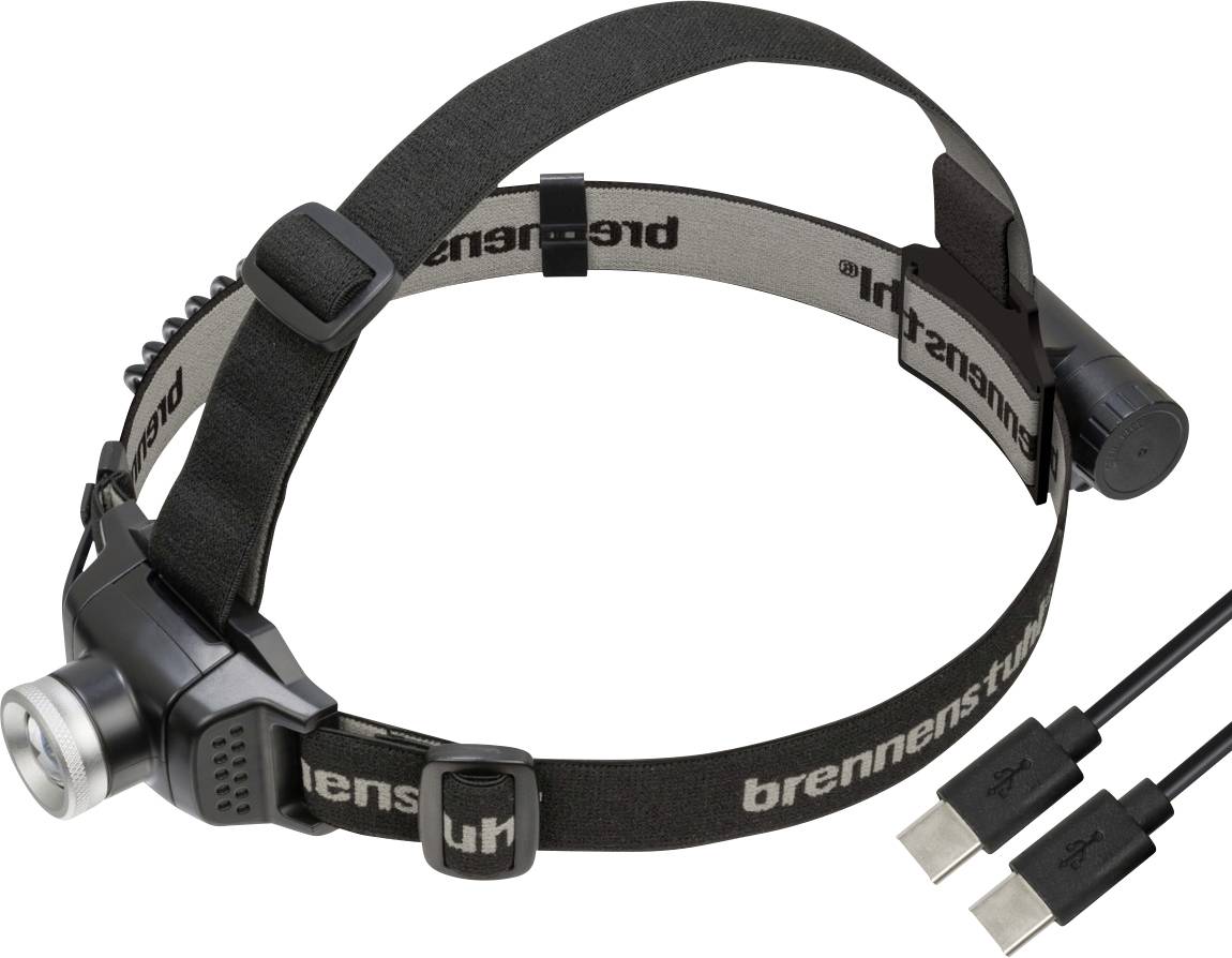 Black headlamp with adjustable straps and two USB-C charging cables attached, shown on a white background.