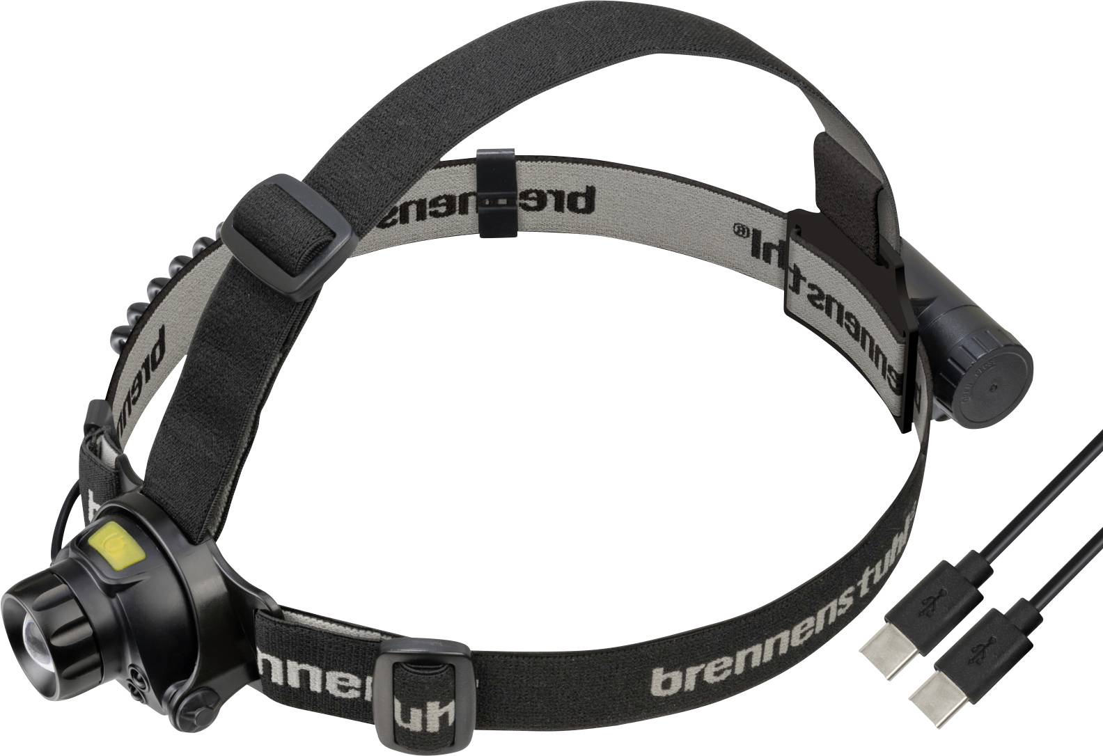 Black rechargeable headlamp with adjustable head strap and attached USB charging cable, shown on a white background.