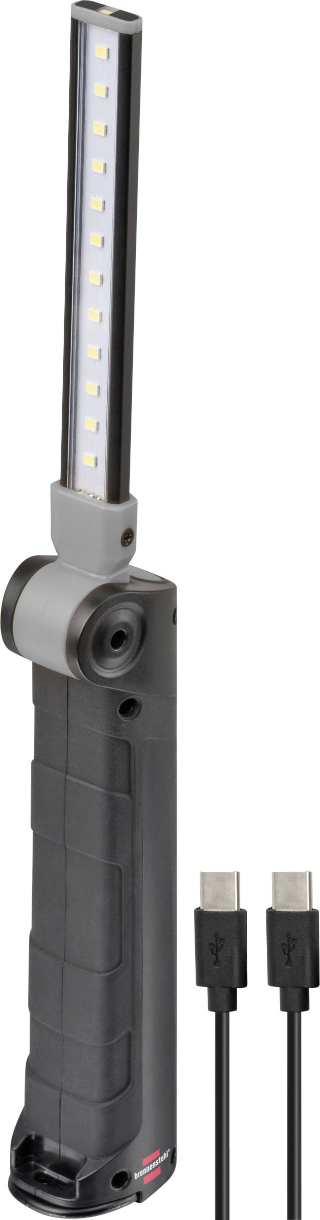 Portable USB-rechargeable LED work light with a fold-out light bar, side spotlight, and two USB-C charging cables shown on a white background.