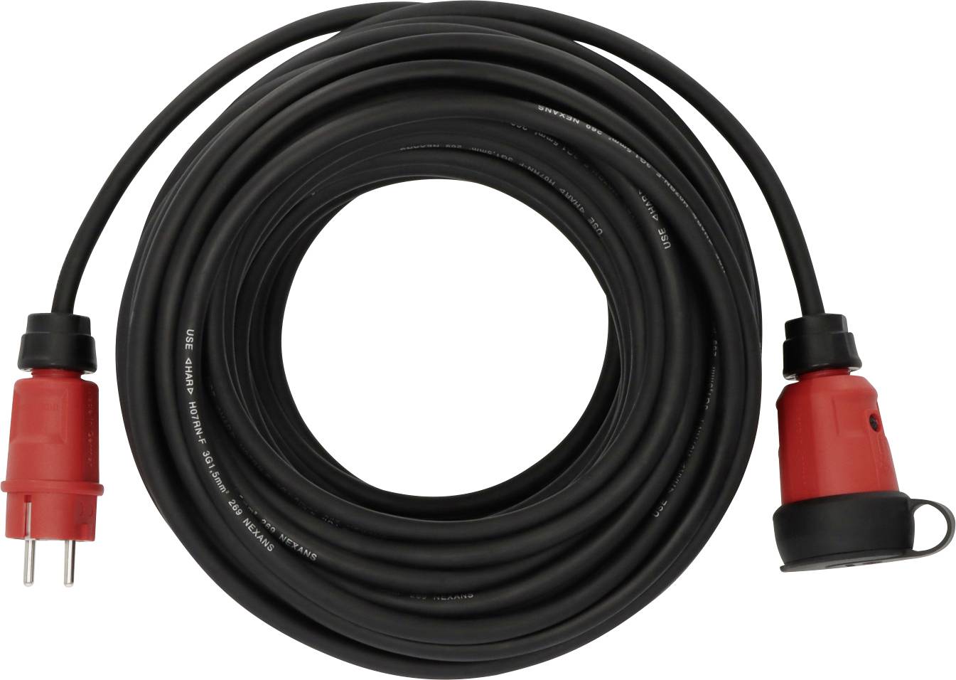 A black extension lead with red plugs at both ends, coiled in a circle. Suitable for outdoor use.
