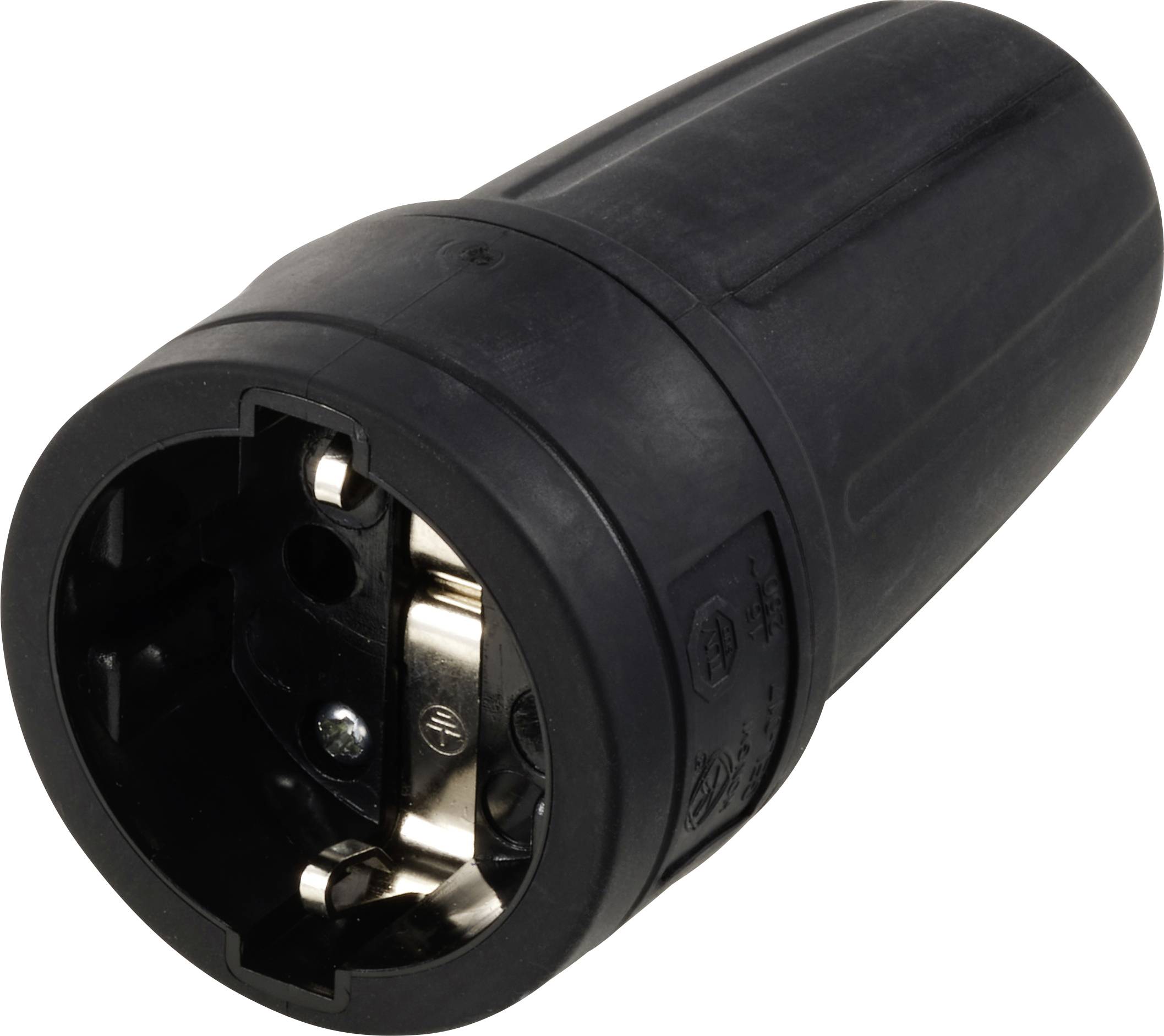 A black electric connector with a circular shape, metallic contacts, and a robust housing.