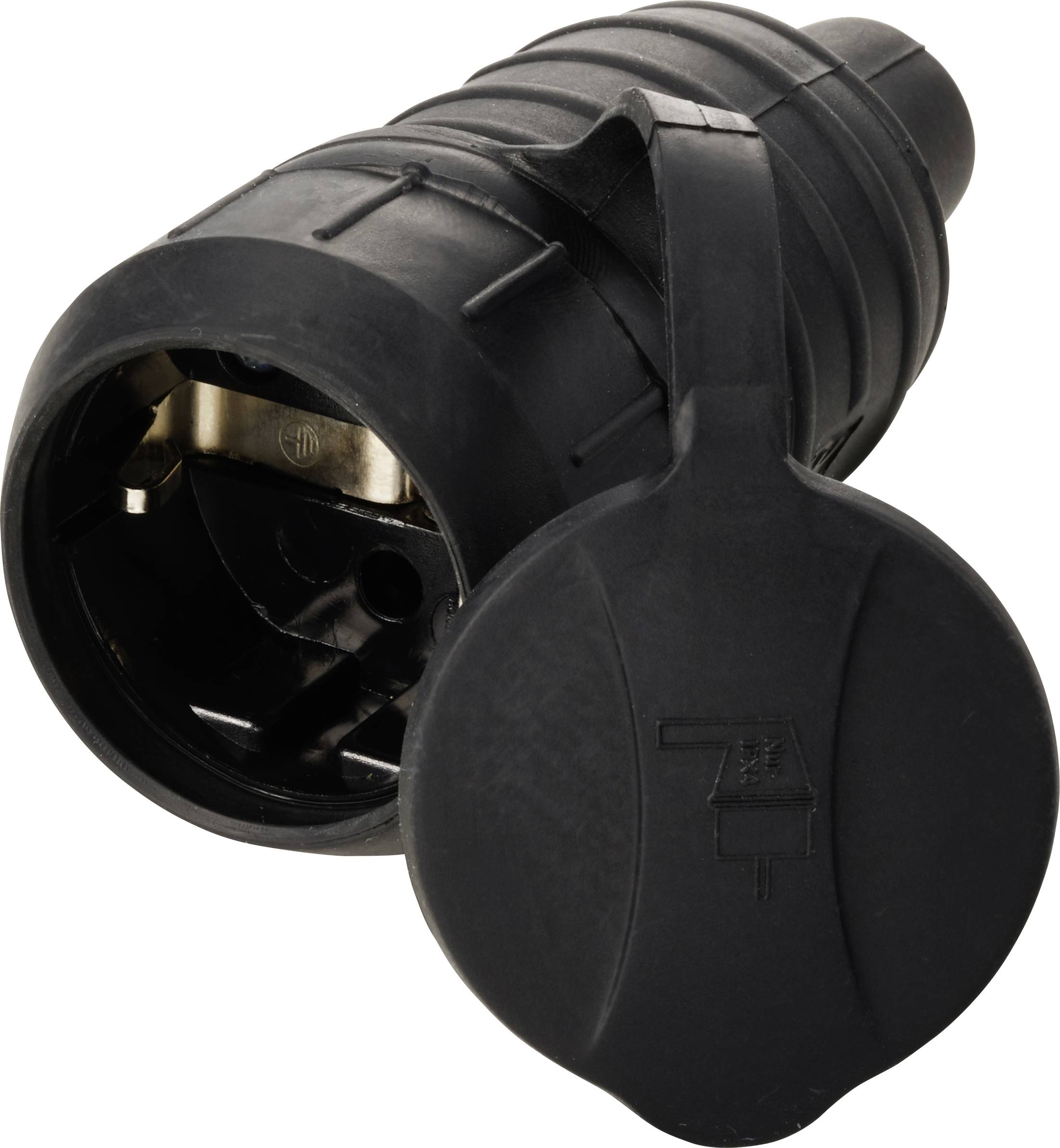 A black, robust plug with a protective cap, showing the connection area. Suitable for weatherproof electrical connections.