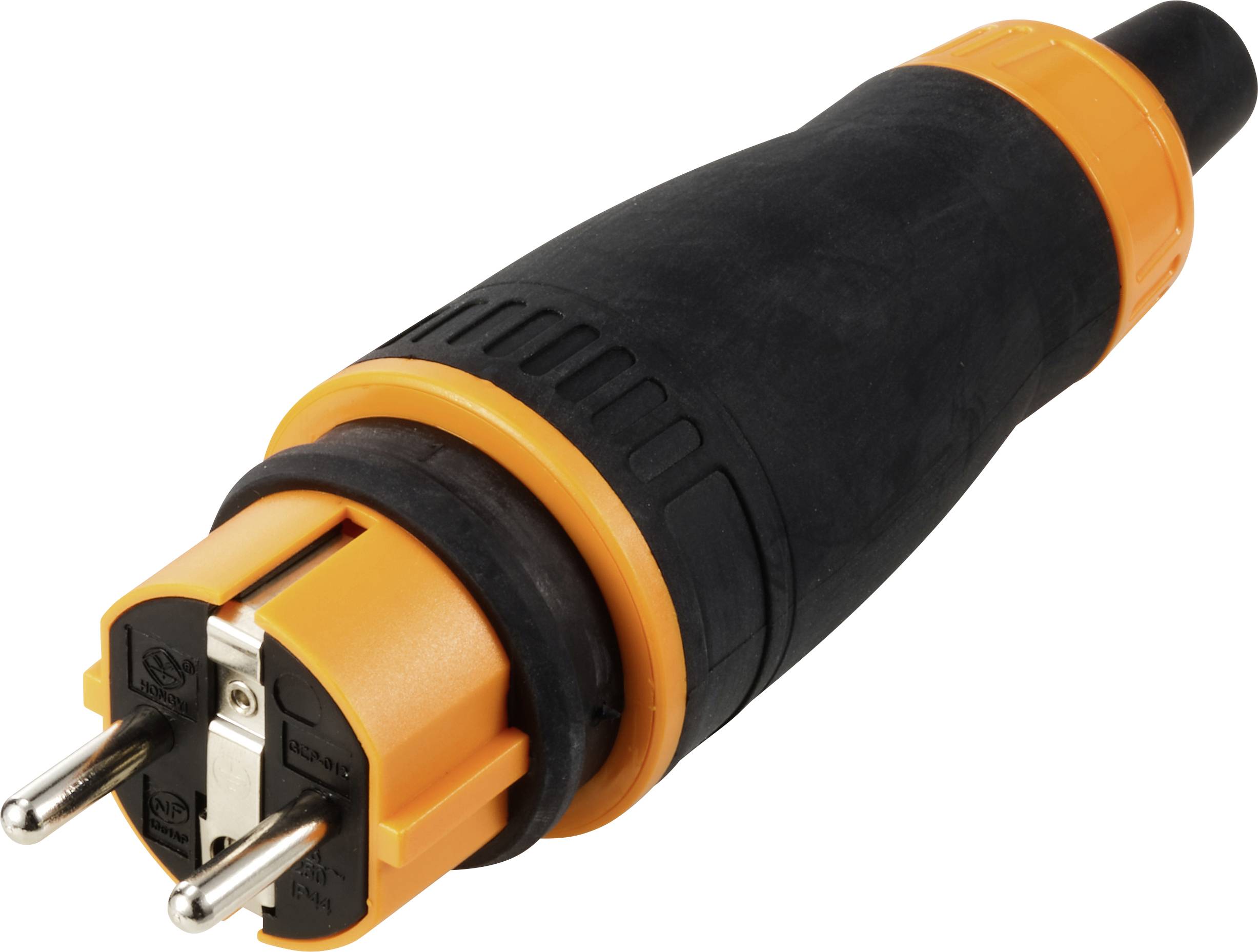 Black and orange two-pin electrical plug, suitable for industrial applications.