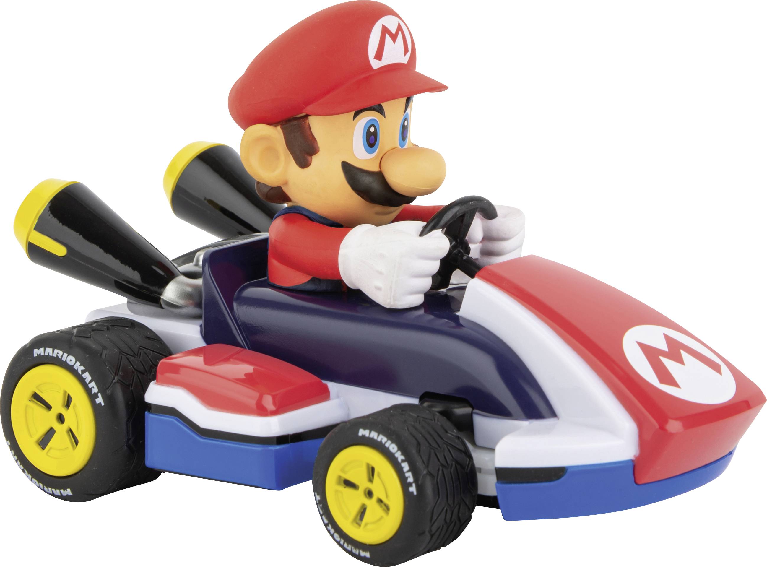 A toy car in a Mario Kart design, with a red kart and Mario figure at the wheel. The car has yellow wheels and is ready to drive.