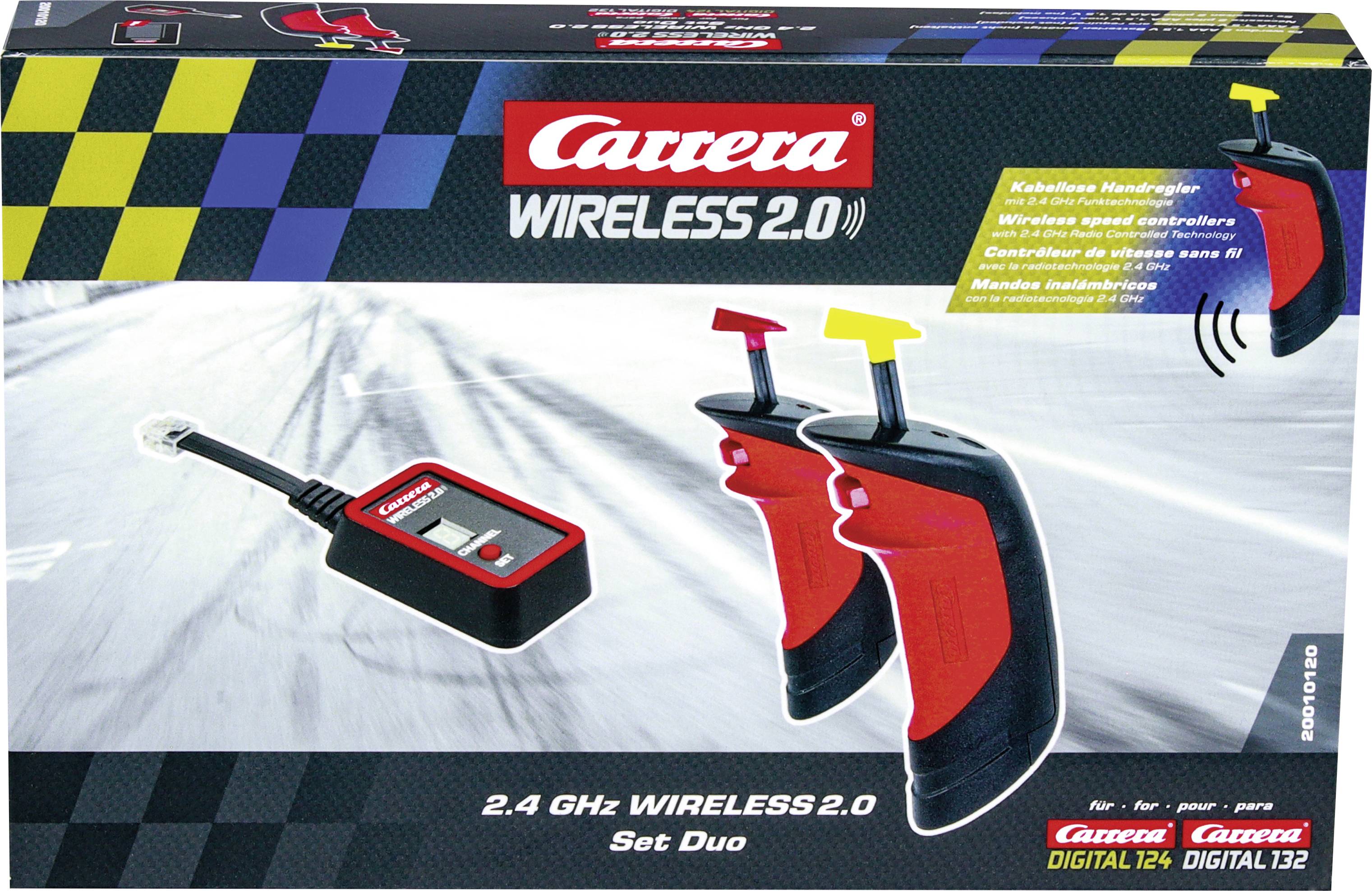 Packaging for the Carrera Wireless 2.0 Set Duo with two hand controllers and one receiver for wireless car racing, utilising 2.4 GHz technology.
