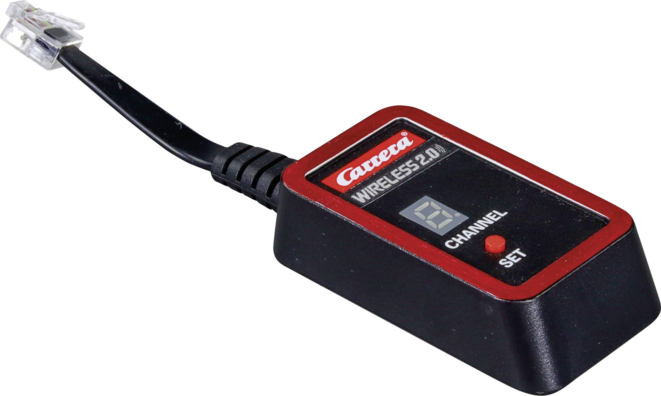 Black Carrera Wireless 2.4 GHz Receiver with Display for Channel Selection. A red button for channel configuration is present.