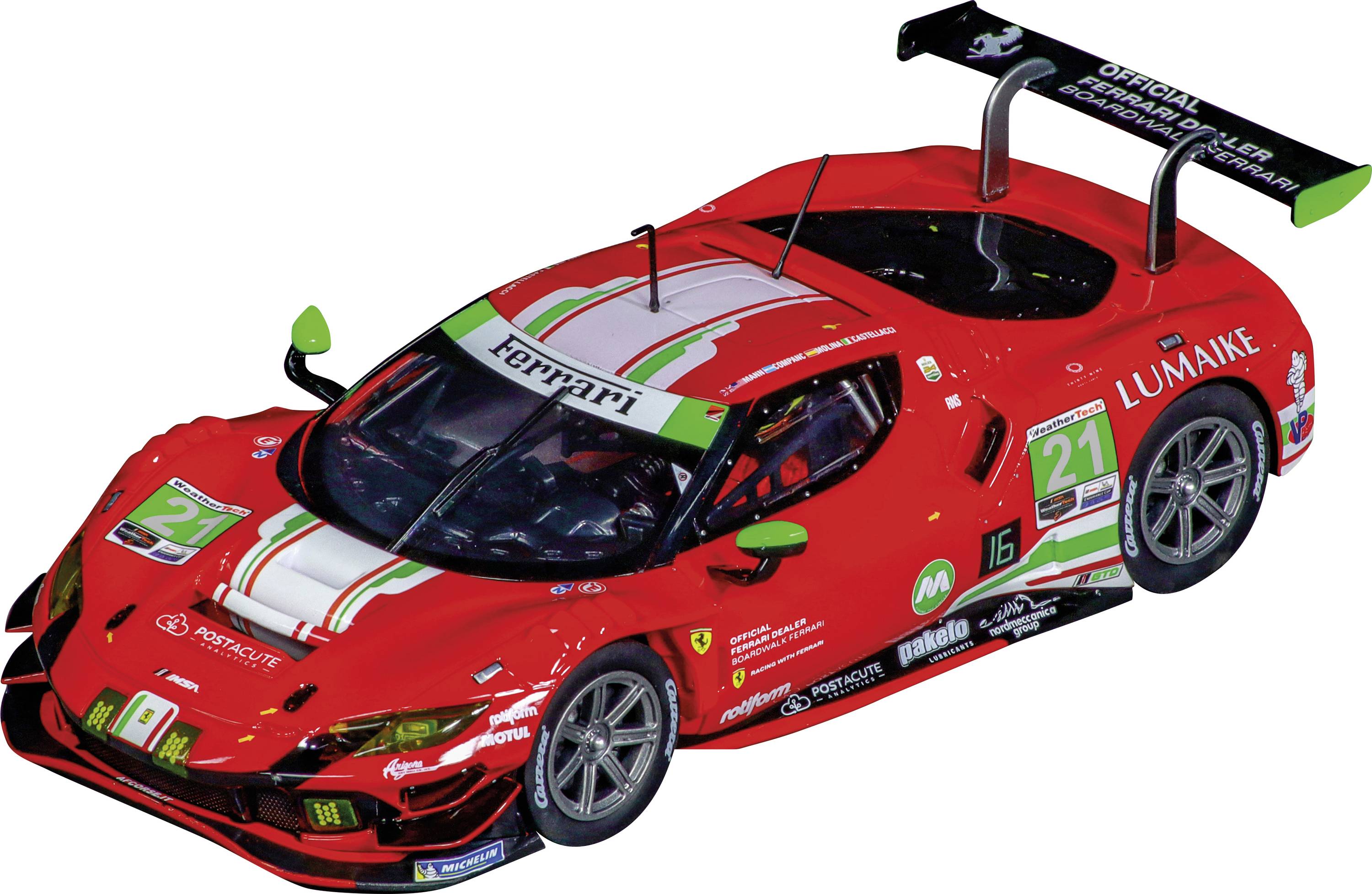 Red racing car with white stripes and green accents, number 21, stickers and logos of various brands on the car.