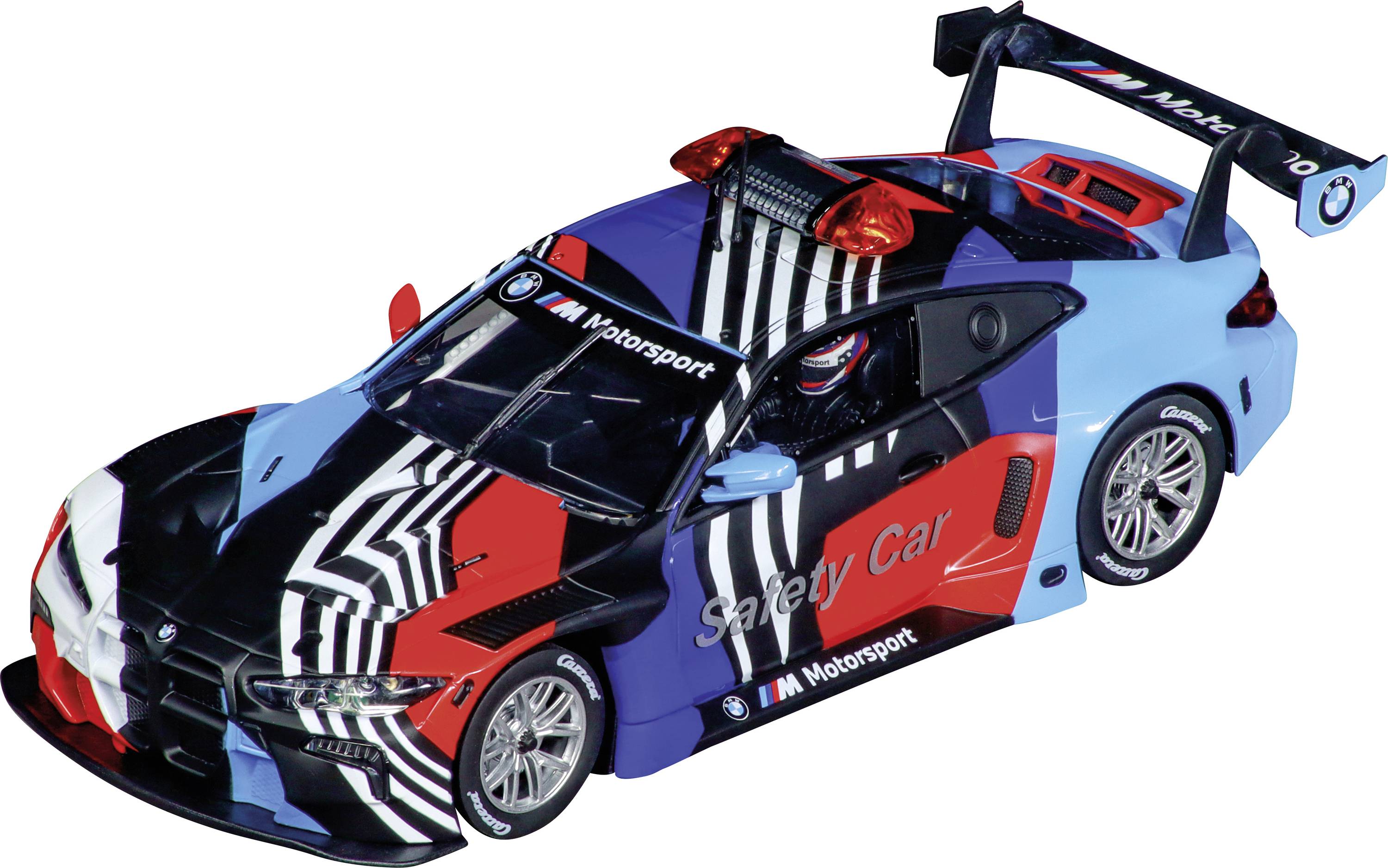 Toy car in motorsport design with red and blue striped pattern, safety lettering and motorsport logo on the roof wing.