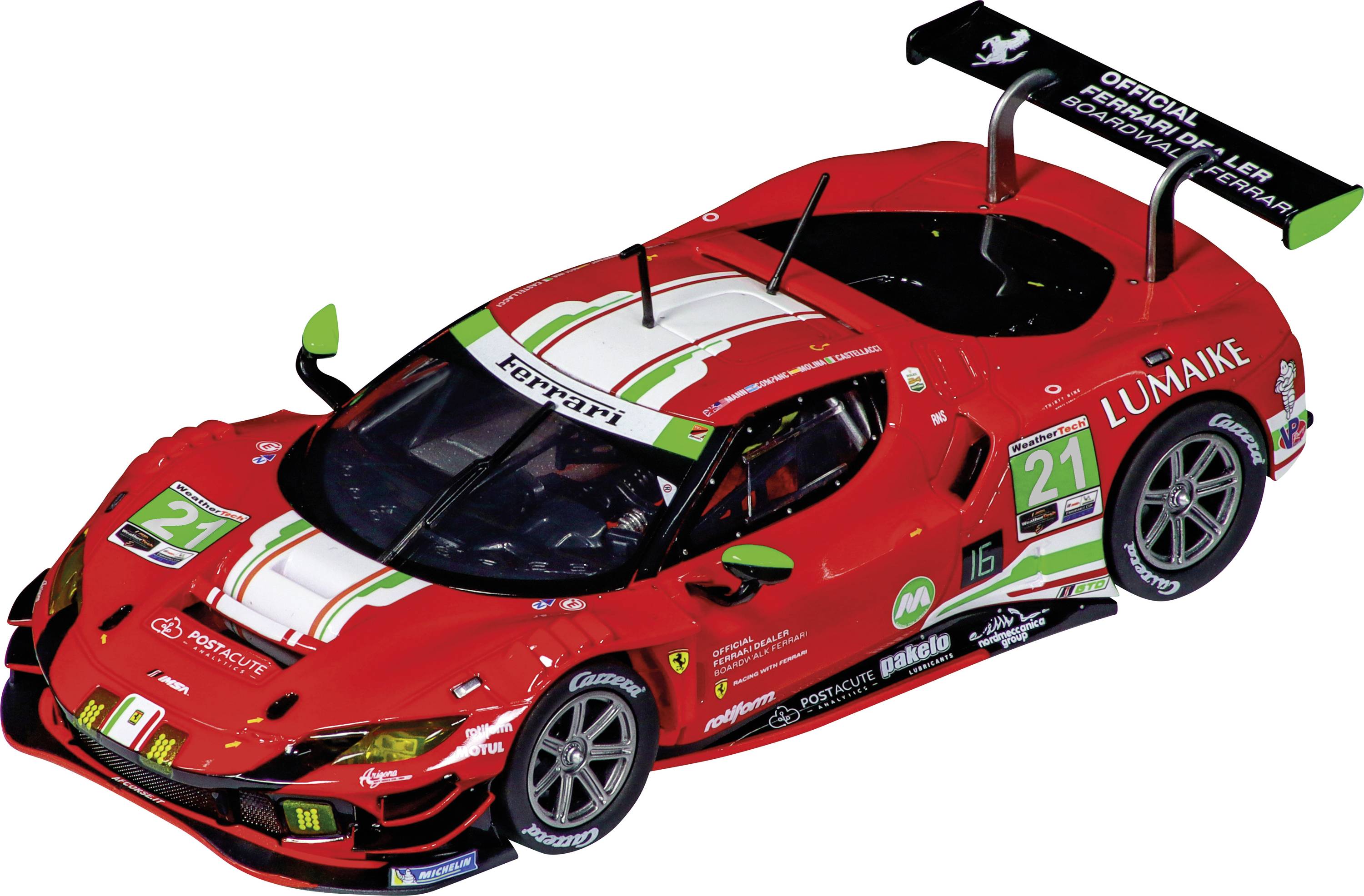 Red racing car with white and green stripes, sponsor logos, and number '21' on the sides; large rear spoiler present.