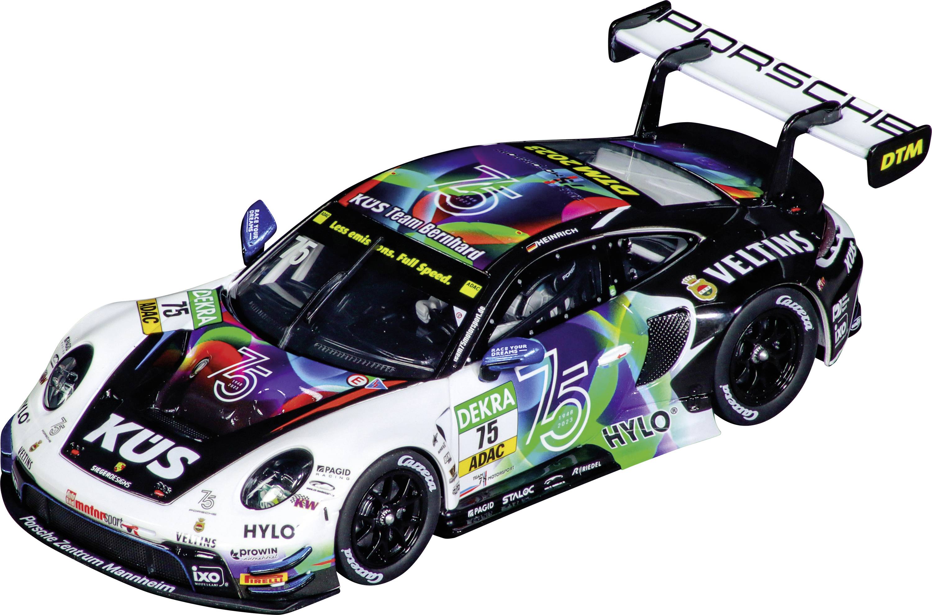 A racing car with a colourful, dynamic paint job and the number 75 on the bonnet, fitted with a spoiler and sponsor logos.