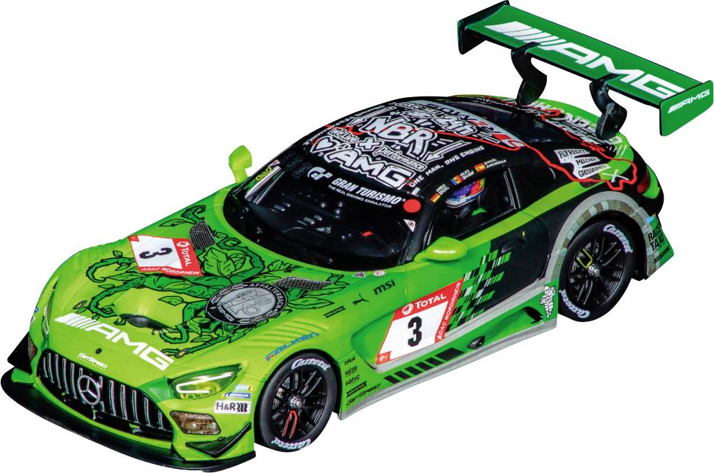 Green racing car with number 3, AMG logo and numerous sponsor decals, at a motorsport event.