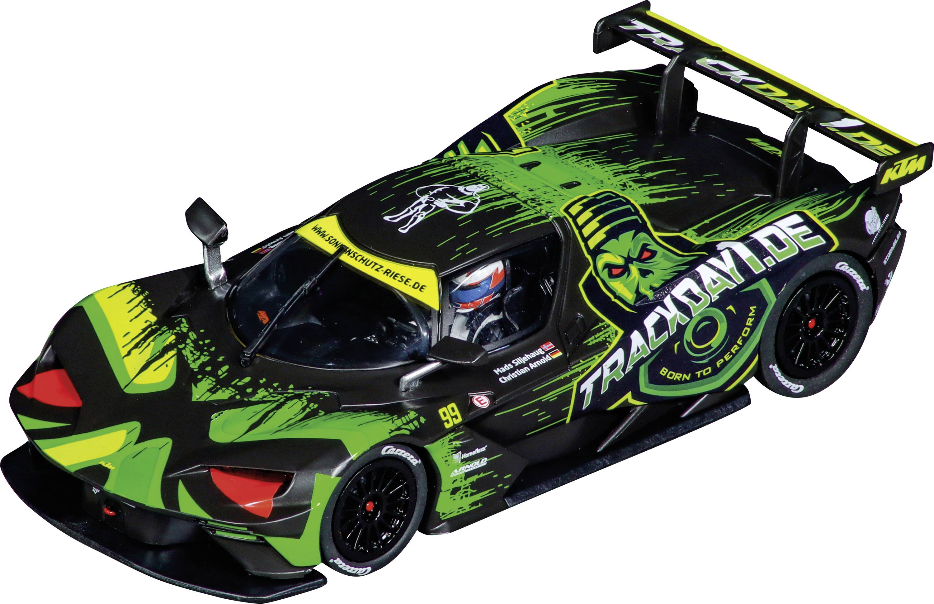 'Toy racing car in black and green with a striking design, featuring prominent 