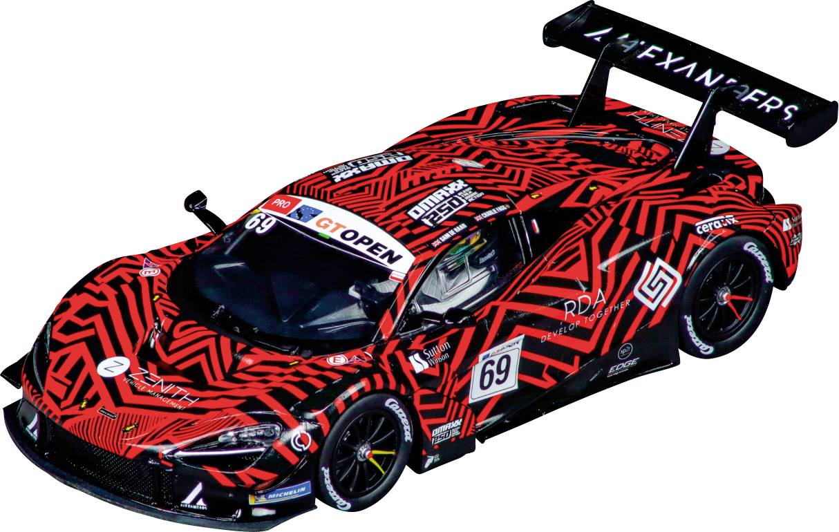 A red and black racing car with number 69 and the inscription 'GT Open'. The car has distinctive diagonal stripes and a rear spoiler.