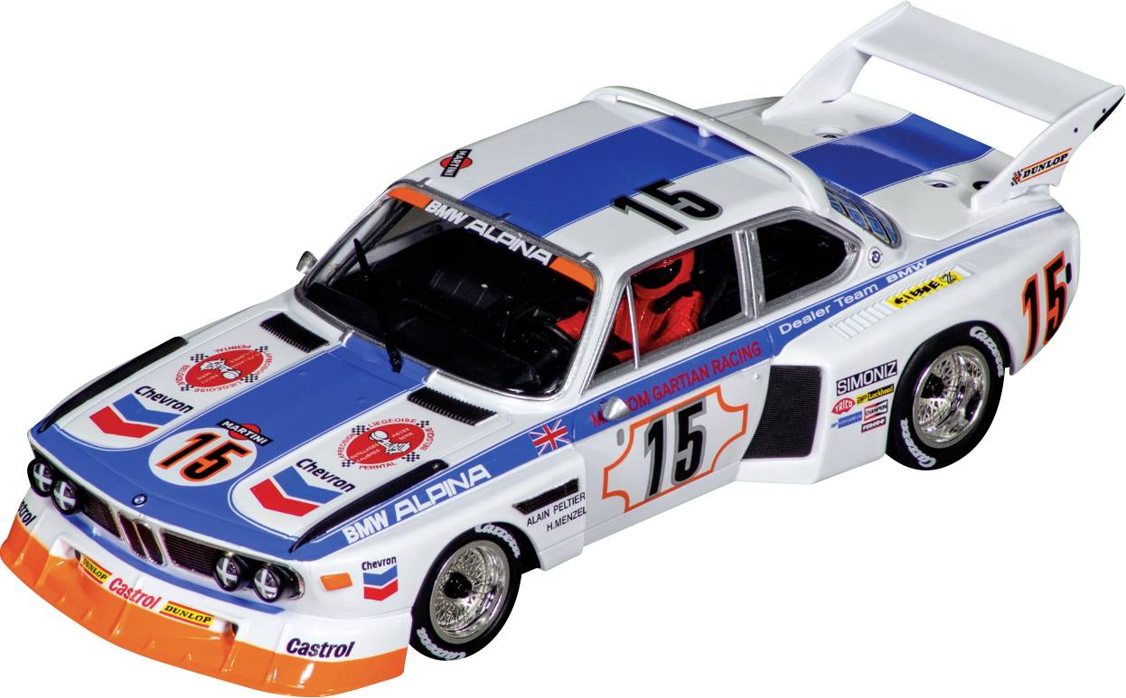 Model of a classic sports car with 'BMW Alpina' inscription, white with blue stripes. Race number 15, sponsor logos visible.