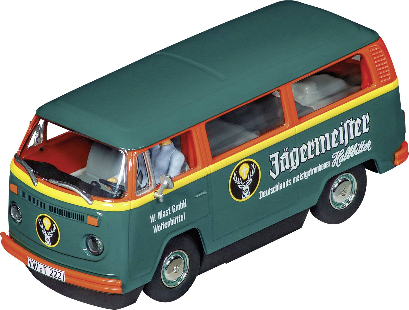 A green VW camper van with Jägermeister advertising, yellow-orange on the roof. Text: 'Germany's most consumed herbal liqueur'.