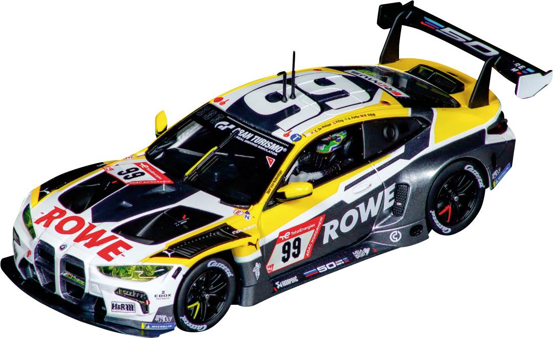 A racing car with a yellow and black design and 'ROWE' branding, with start number 99, is positioned on a race track.