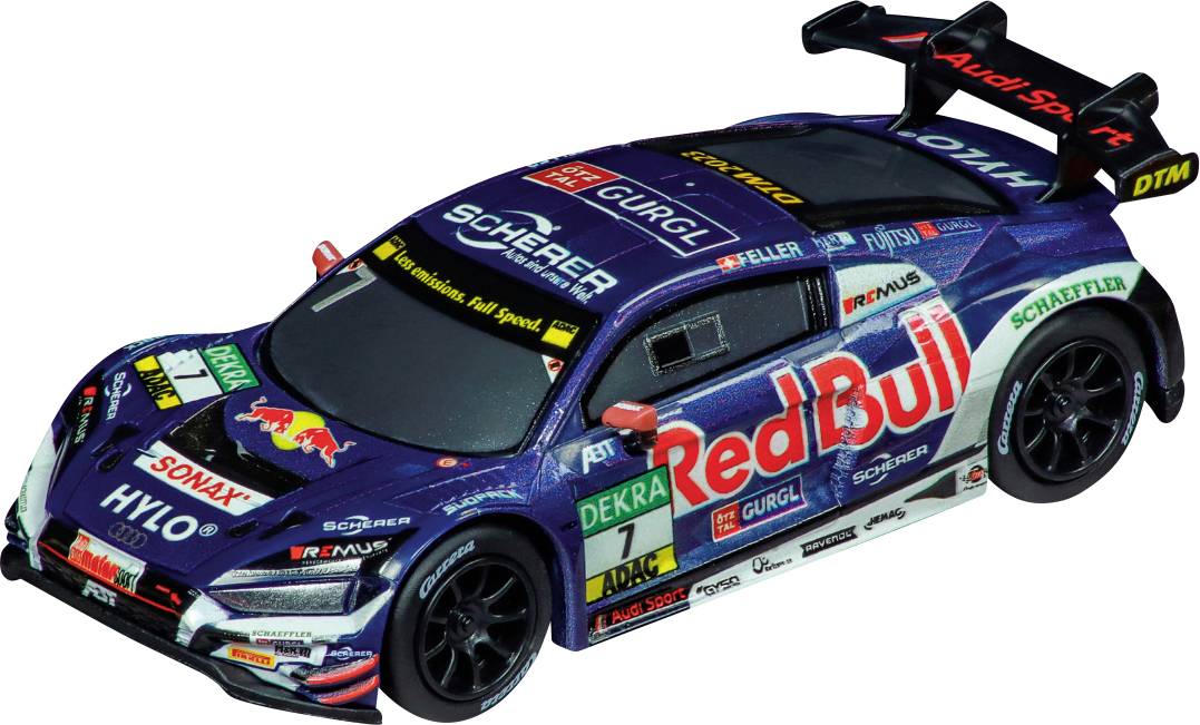 Toy model of a racing car, decorated with numerous brand logos, such as 'Red Bull' and 'Audi Sport'.
