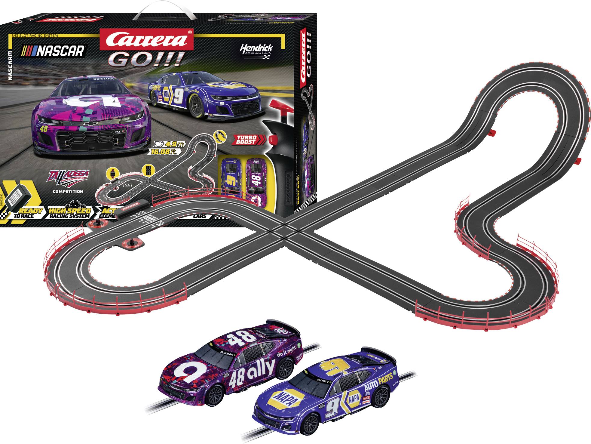 Carrera GO!!! Toy Racing Track Set with NASCAR Design, including two racing cars. Track layout: Figure of eight, black racing surface.