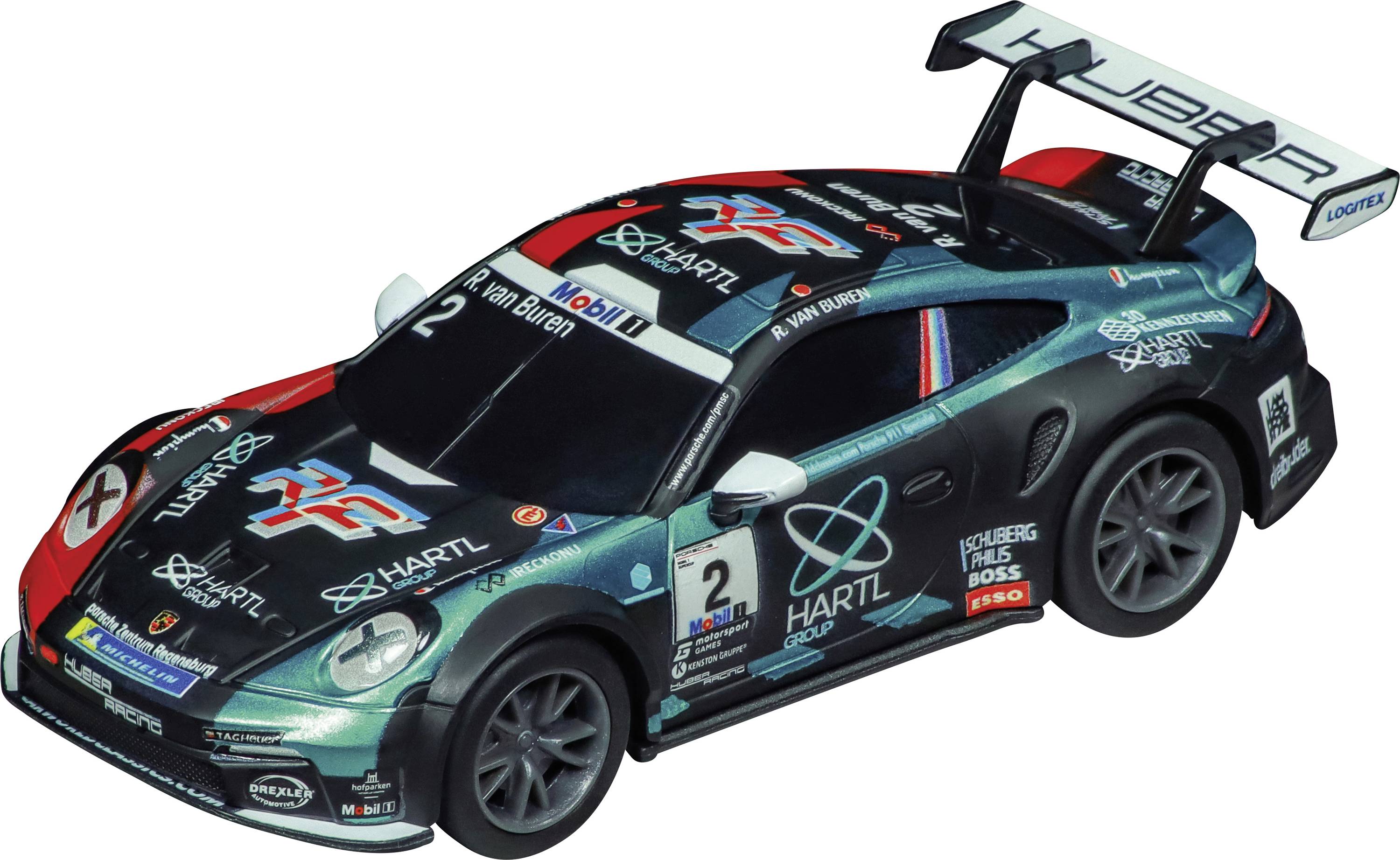 A model racing car with black and red paintwork, adorned with sponsor decals and a large rear spoiler.