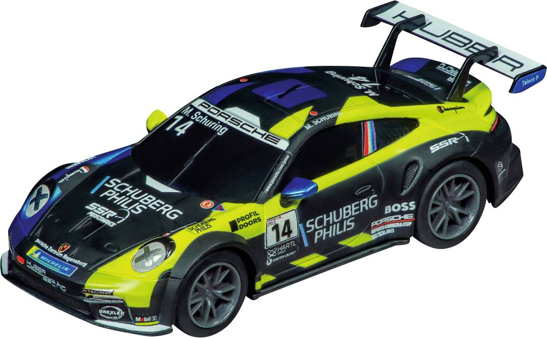 Toy racing car in vibrant colours with the number '14' and multiple logos. It has a large rear spoiler and a sporty design.