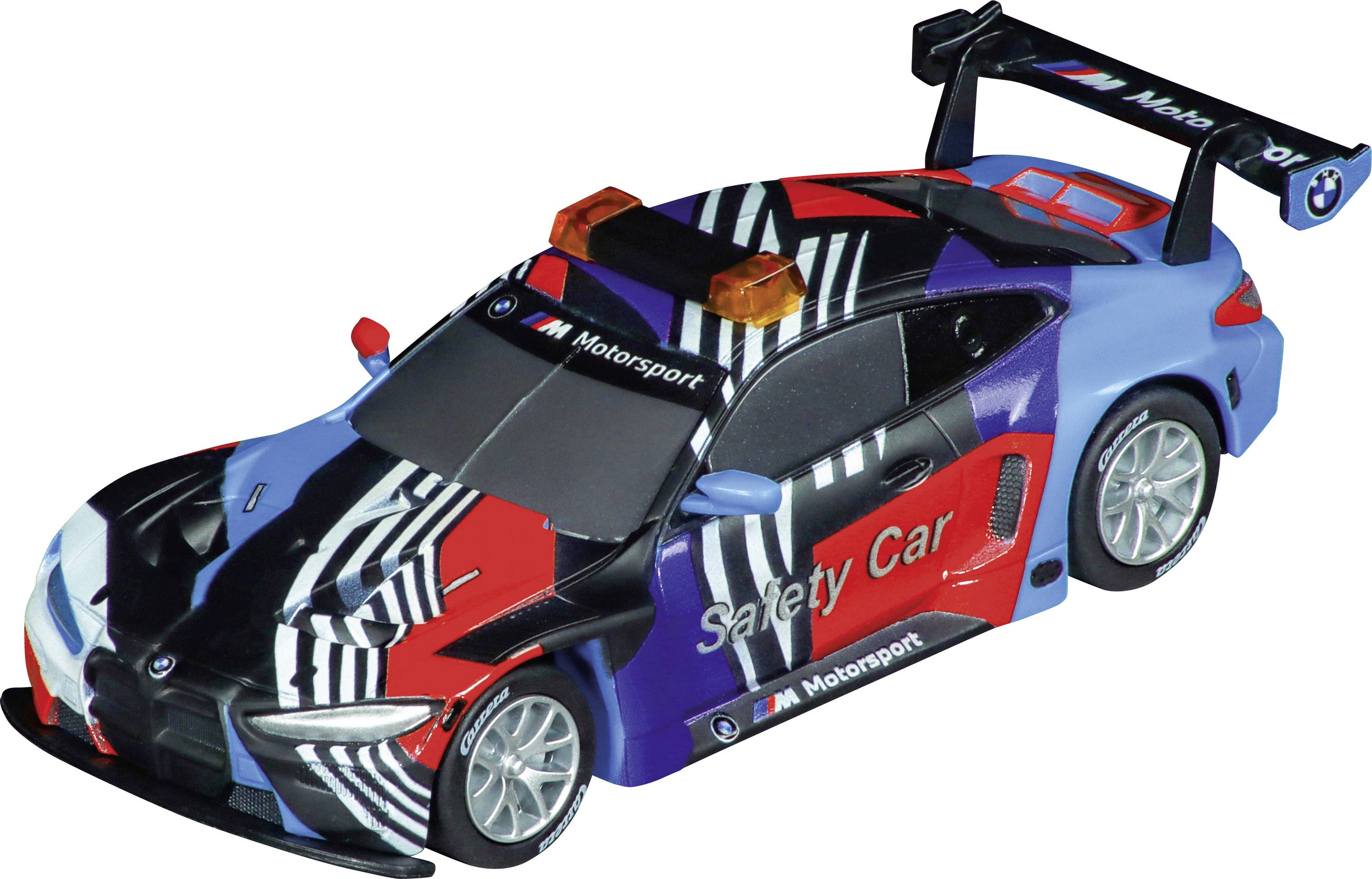 Toy car in motorsport design with 'Safety Car' text and BMW logo. Striking colours, spoiler and roof lights.