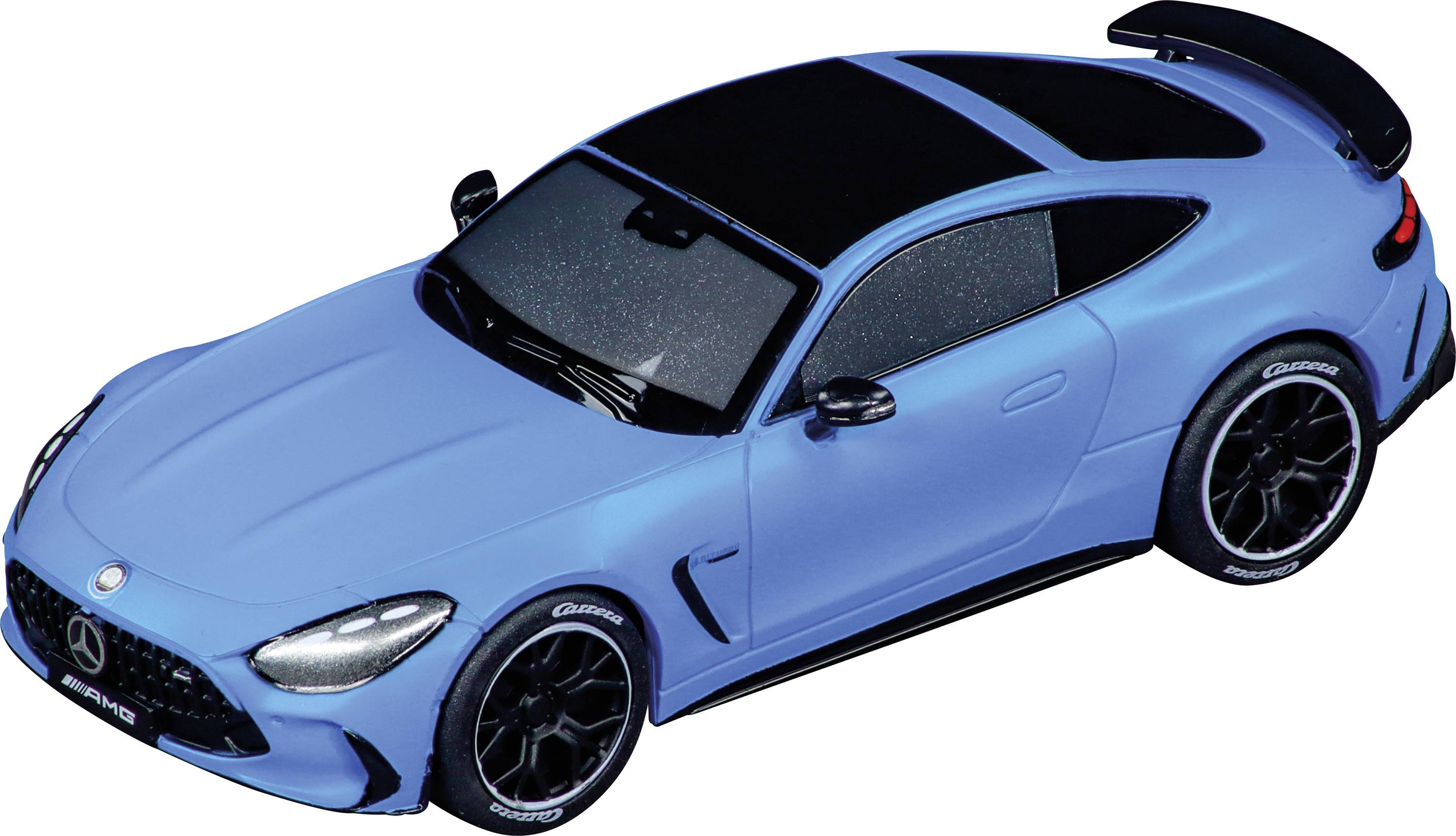 Blue model car of a sports car with a black roof and rear spoiler, top view; modern look, sleek design.